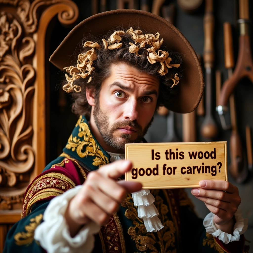 WOODCARVING LESSONS: A man in fancy clothes holds a wooden sign that says, "Is this wood good for carving?" He points at you with a questioning look. The only person shown is Woodcarver Grabovetskiy. - Wood Carving tutorials