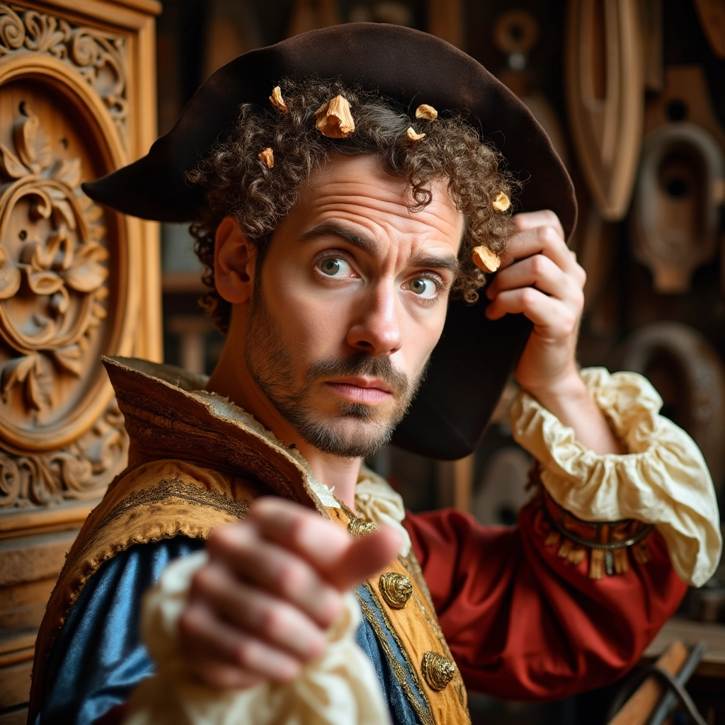 WOODCARVING LESSONS: In a room full of wood carvings, Woodcarver Grabovetskiy, wearing a historical costume and curly wig with a hat, points at the camera. - Wood Carving tutorials
