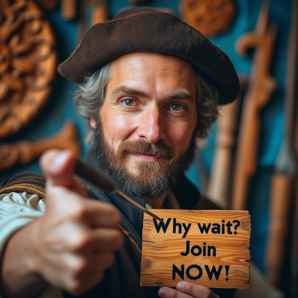 WOODCARVING LESSONS: A man dressed in old-style clothes is holding a wooden sign that says "Why wait? Join NOW!" He is also giving a thumbs up. This man is Woodcarver Grabovetskiy. - Wood Carving tutorials