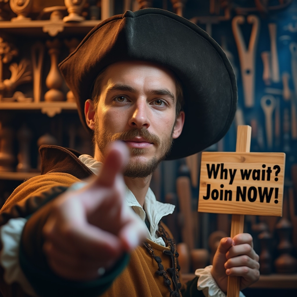 WOODCARVING LESSONS: A man dressed in old-fashioned clothes and a big hat is in a workshop. He points at the camera and holds a sign that says "Why wait? Join NOW! - Wood Carving tutorials