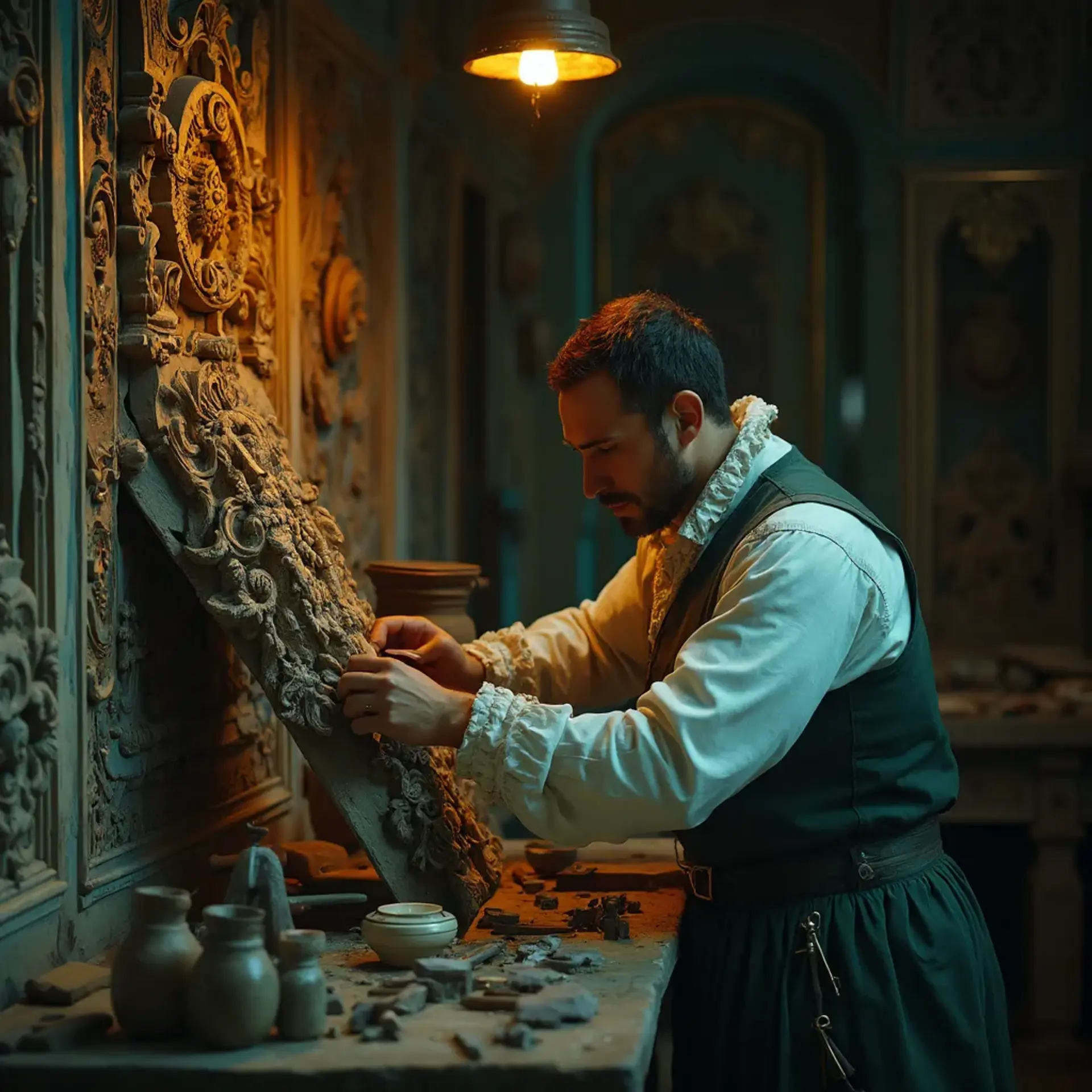 A thoughtful person gazing thoughtfully while touching a beautifully carved wooden column. The intricate carvings depict scenes of historical significance, showcasing the skills involved in wood carving. This image highlights the artistry found in wood carving classes and lessons.