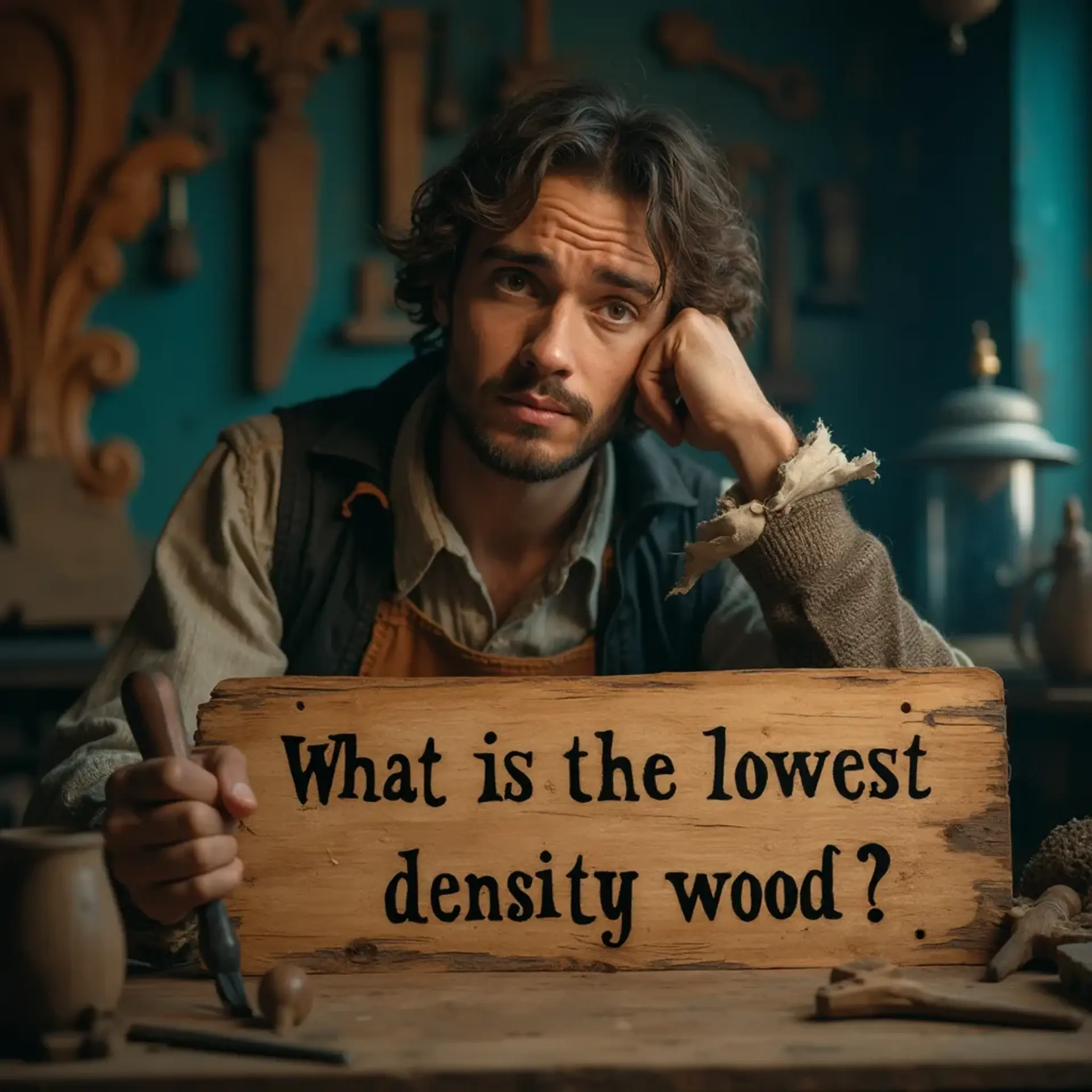 WOODCARVING LESSONS: Woodcarver Grabovetskiy, a man with a beard, holds a sign that says "What wood is the best for carving?" He looks thoughtful. Carving tools are on the table in front of him. - Wood Carving tutorials