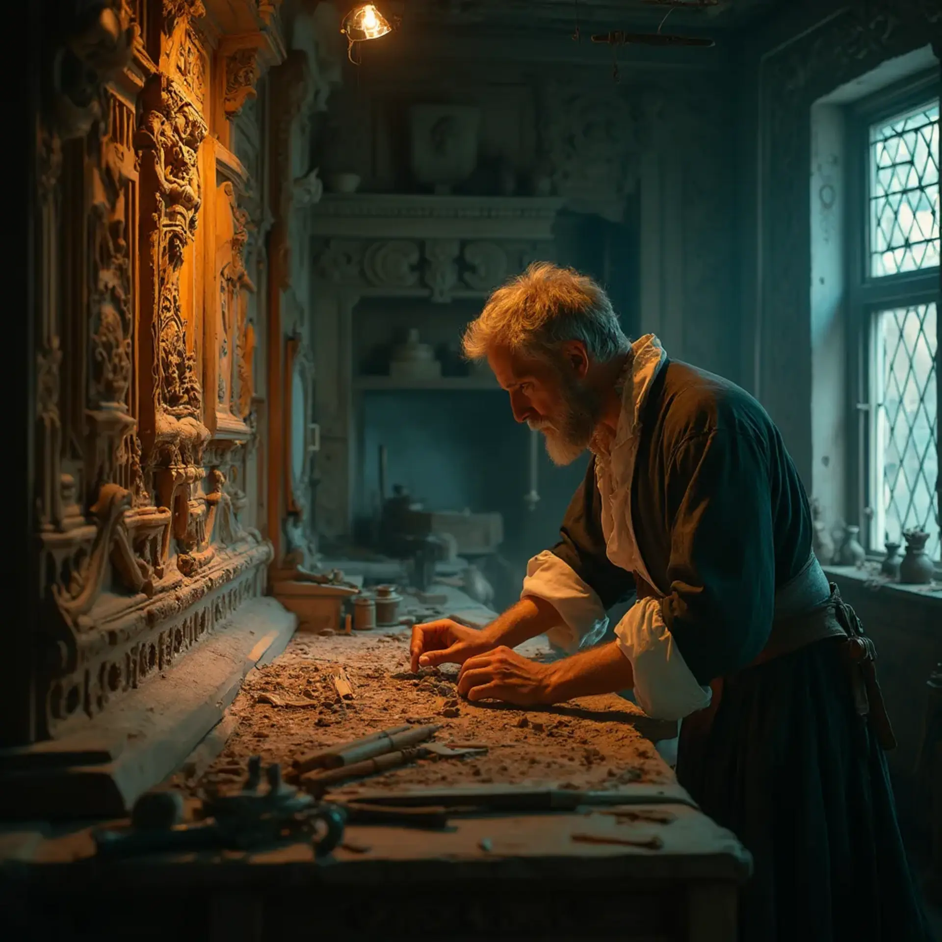 A thoughtful woodworker sitting at a workbench, pondering the best type of wood for carving. He holds a carving tool in one hand, with a sign in front of him that reads, "What wood is the best for carving?" This scene hints at the importance of choosing the right materials in wood carving classes and lessons.