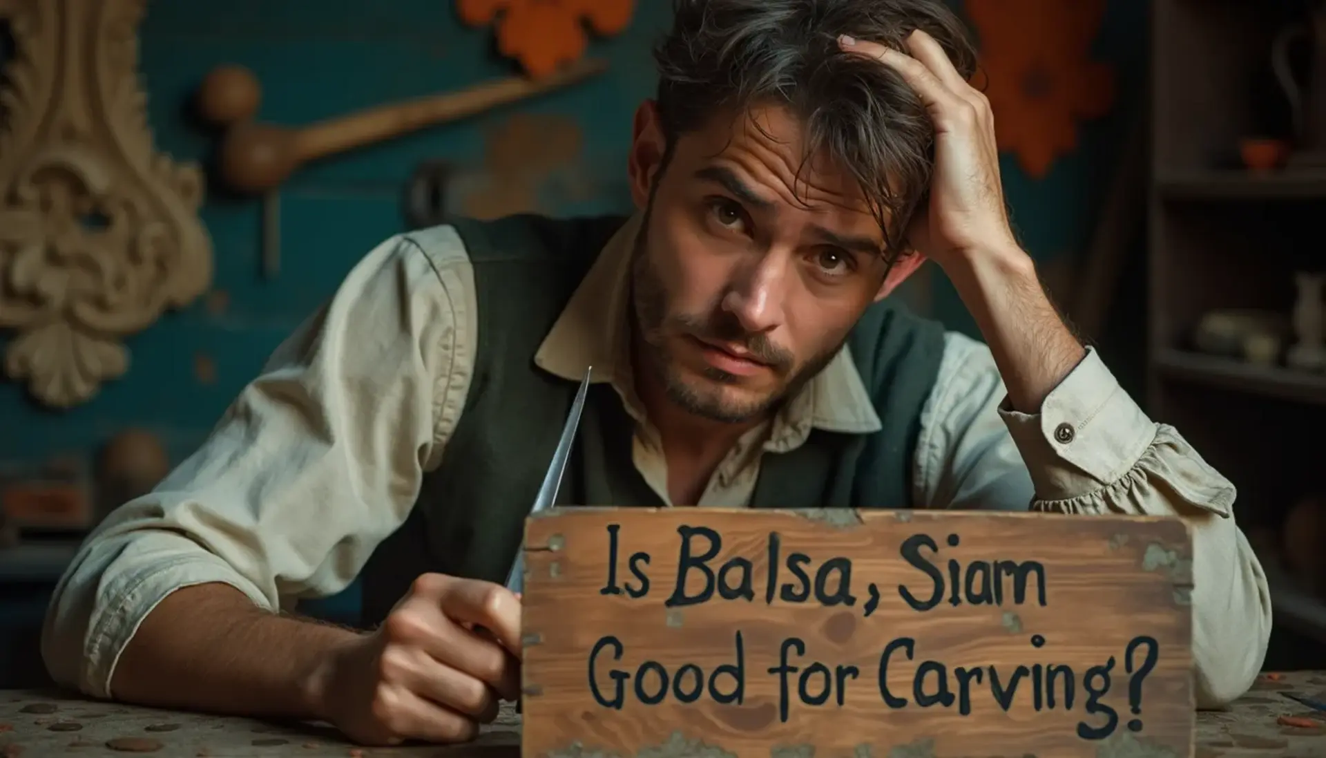 WOODCARVING LESSONS: Woodcarver Grabovetskiy, a man with a beard, holds a sign that says "What wood is the best for carving?" He looks thoughtful. Carving tools are on the table in front of him. - Wood Carving tutorials