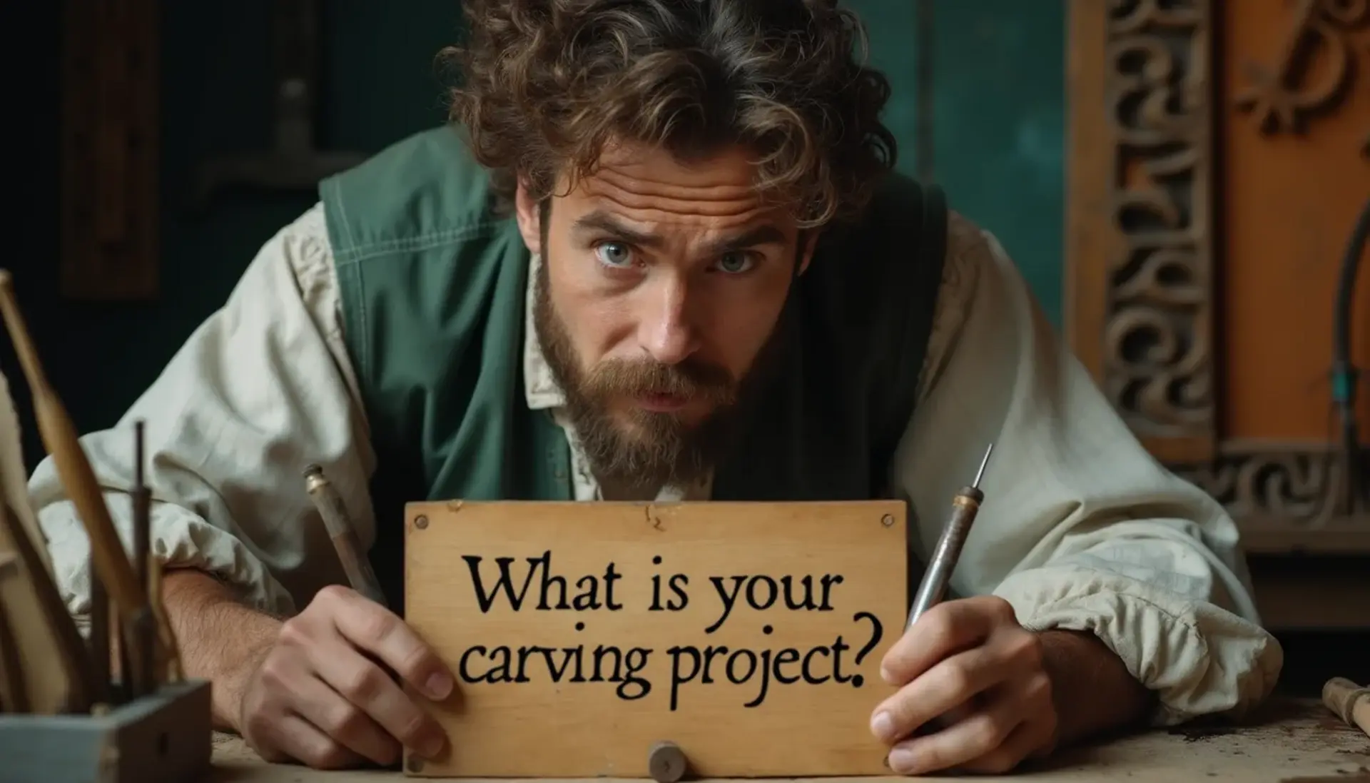 WOODCARVING LESSONS: Woodcarver Grabovetskiy, a man with a beard, holds a sign that says "What wood is the best for carving?" He looks thoughtful. Carving tools are on the table in front of him. - Wood Carving tutorials