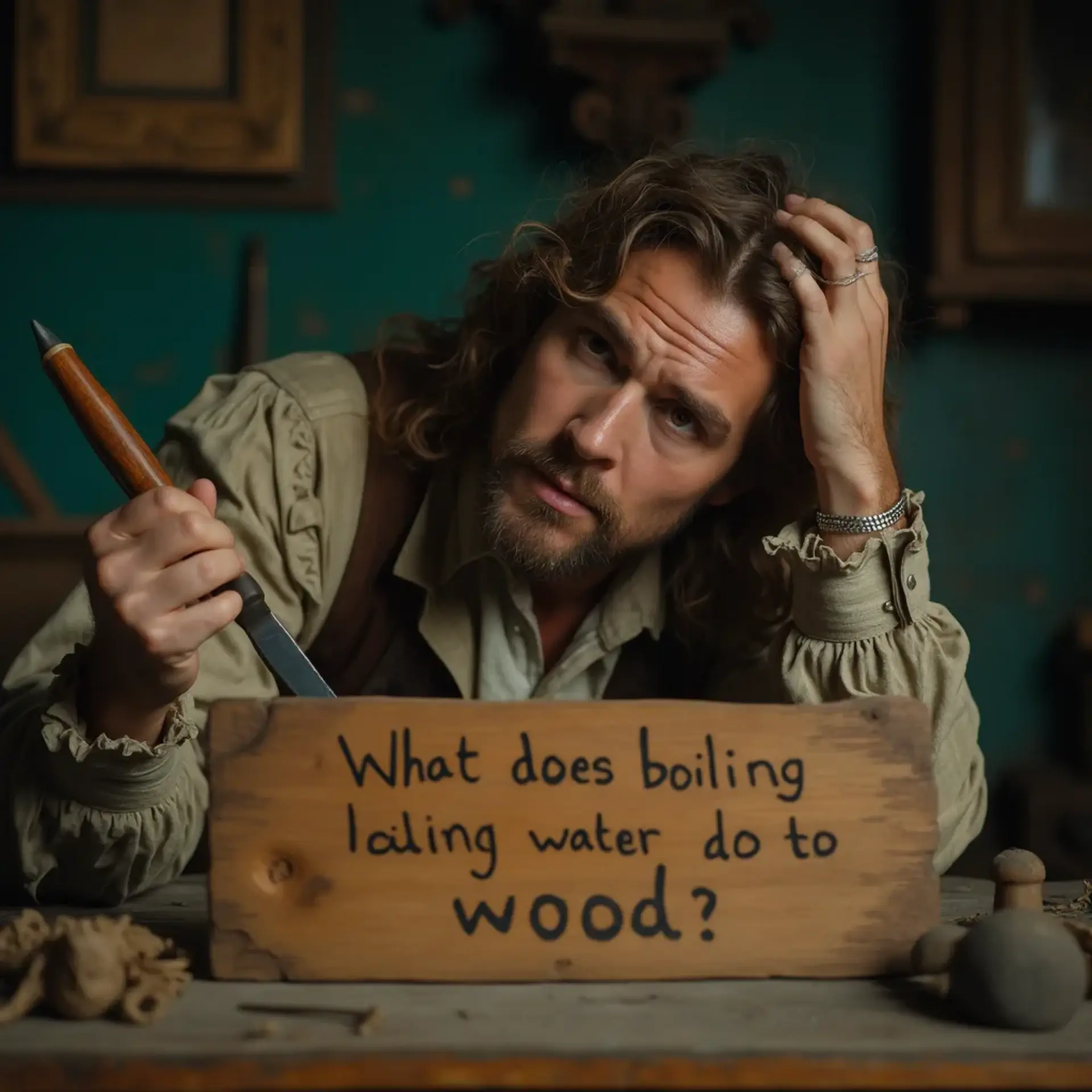 WOODCARVING LESSONS: Woodcarver Grabovetskiy, a man with a beard, holds a sign that says "What wood is the best for carving?" He looks thoughtful. Carving tools are on the table in front of him. - Wood Carving tutorials