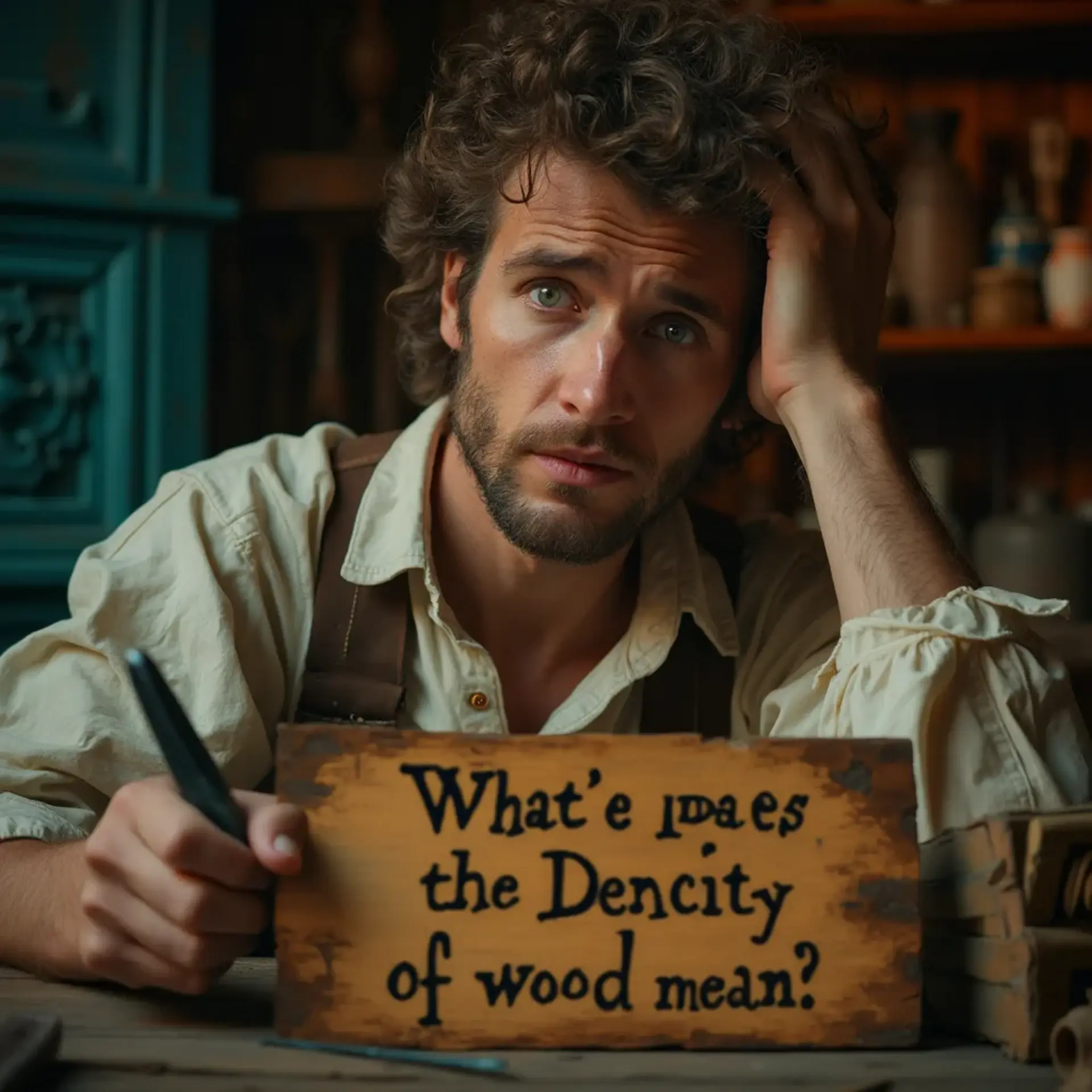 WOODCARVING LESSONS: Woodcarver Grabovetskiy, a man with a beard, holds a sign that says "What wood is the best for carving?" He looks thoughtful. Carving tools are on the table in front of him. - Wood Carving tutorials