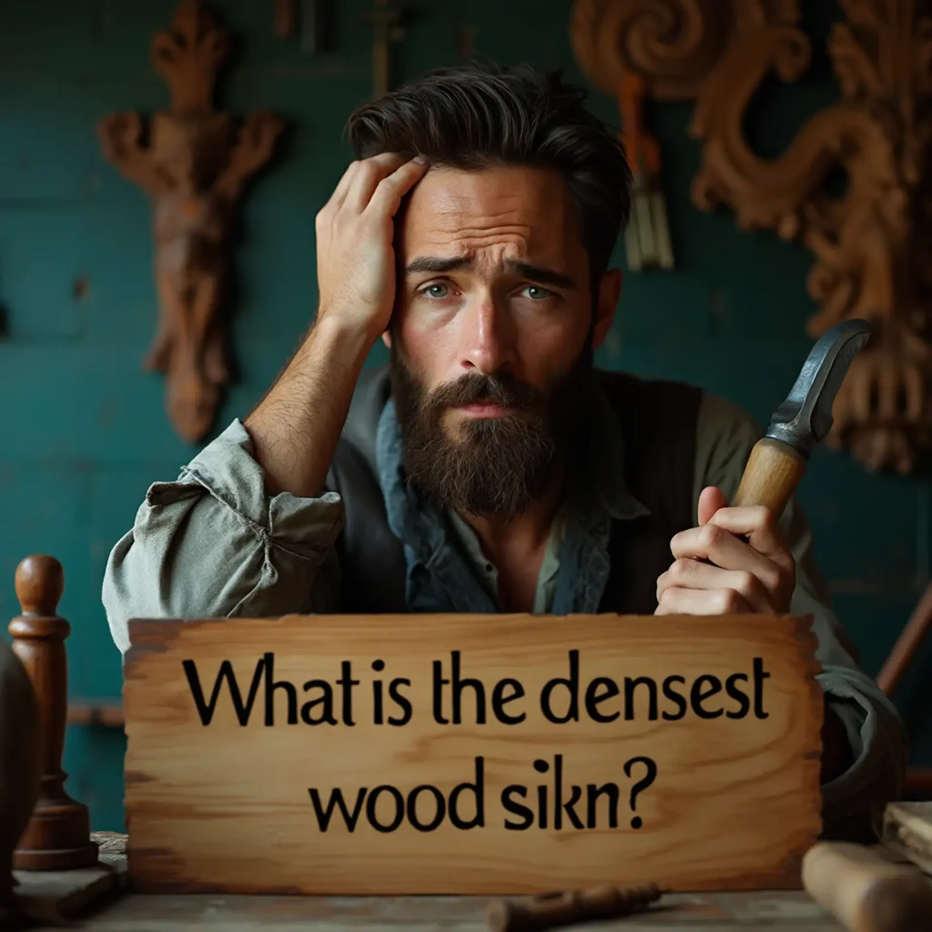 WOODCARVING LESSONS: Woodcarver Grabovetskiy, a man with a beard, holds a sign that says "What wood is the best for carving?" He looks thoughtful. Carving tools are on the table in front of him. - Wood Carving tutorials