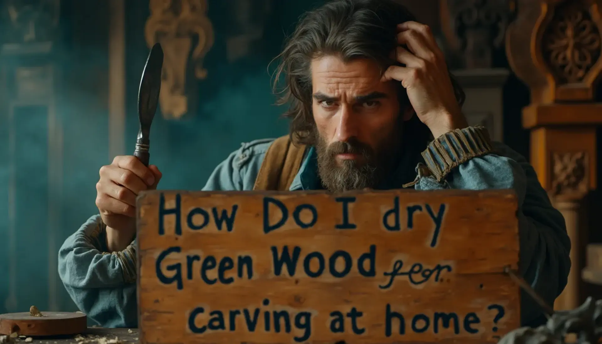 WOODCARVING LESSONS: Woodcarver Grabovetskiy, a man with a beard, holds a sign that says "What wood is the best for carving?" He looks thoughtful. Carving tools are on the table in front of him. - Wood Carving tutorials