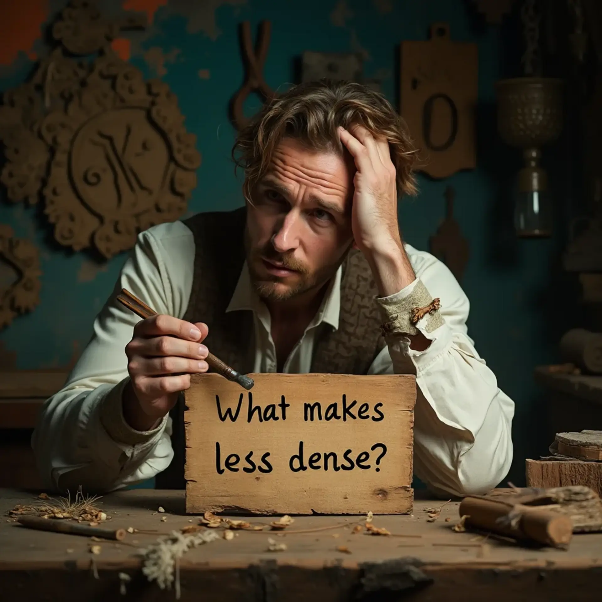 WOODCARVING LESSONS: Woodcarver Grabovetskiy, a man with a beard, holds a sign that says "What wood is the best for carving?" He looks thoughtful. Carving tools are on the table in front of him. - Wood Carving tutorials
