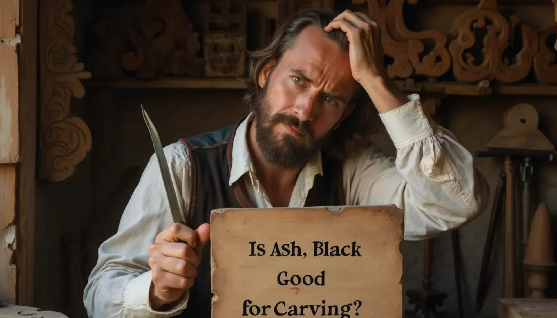 WOODCARVING LESSONS: Woodcarver Grabovetskiy, a man with a beard, holds a sign that says "What wood is the best for carving?" He looks thoughtful. Carving tools are on the table in front of him. - Wood Carving tutorials