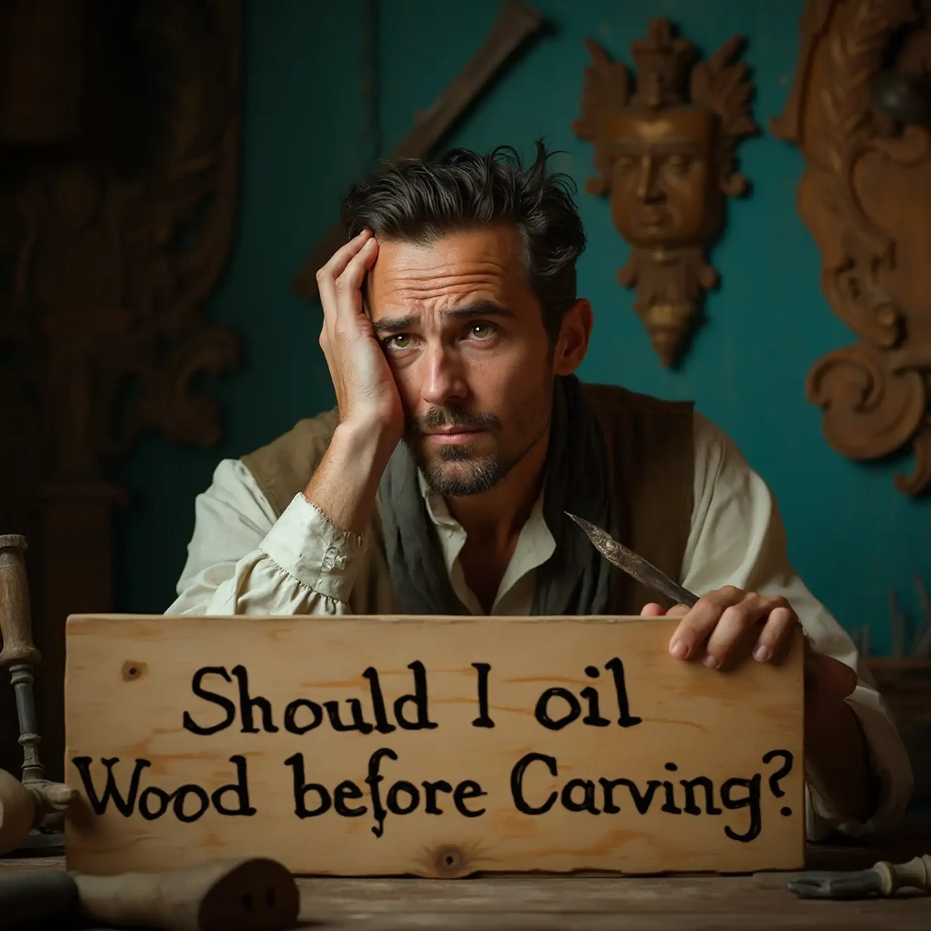 WOODCARVING LESSONS: Woodcarver Grabovetskiy, a man with a beard, holds a sign that says "What wood is the best for carving?" He looks thoughtful. Carving tools are on the table in front of him. - Wood Carving tutorials