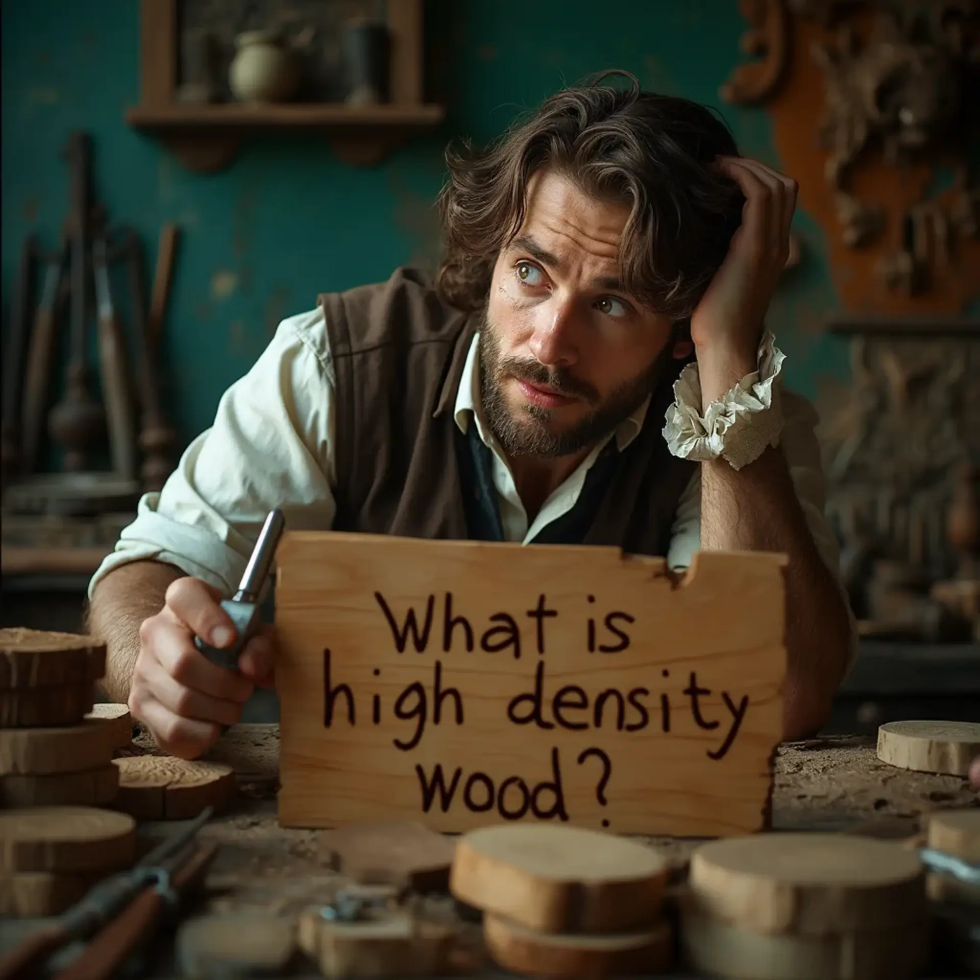 WOODCARVING LESSONS: Woodcarver Grabovetskiy, a man with a beard, holds a sign that says "What wood is the best for carving?" He looks thoughtful. Carving tools are on the table in front of him. - Wood Carving tutorials