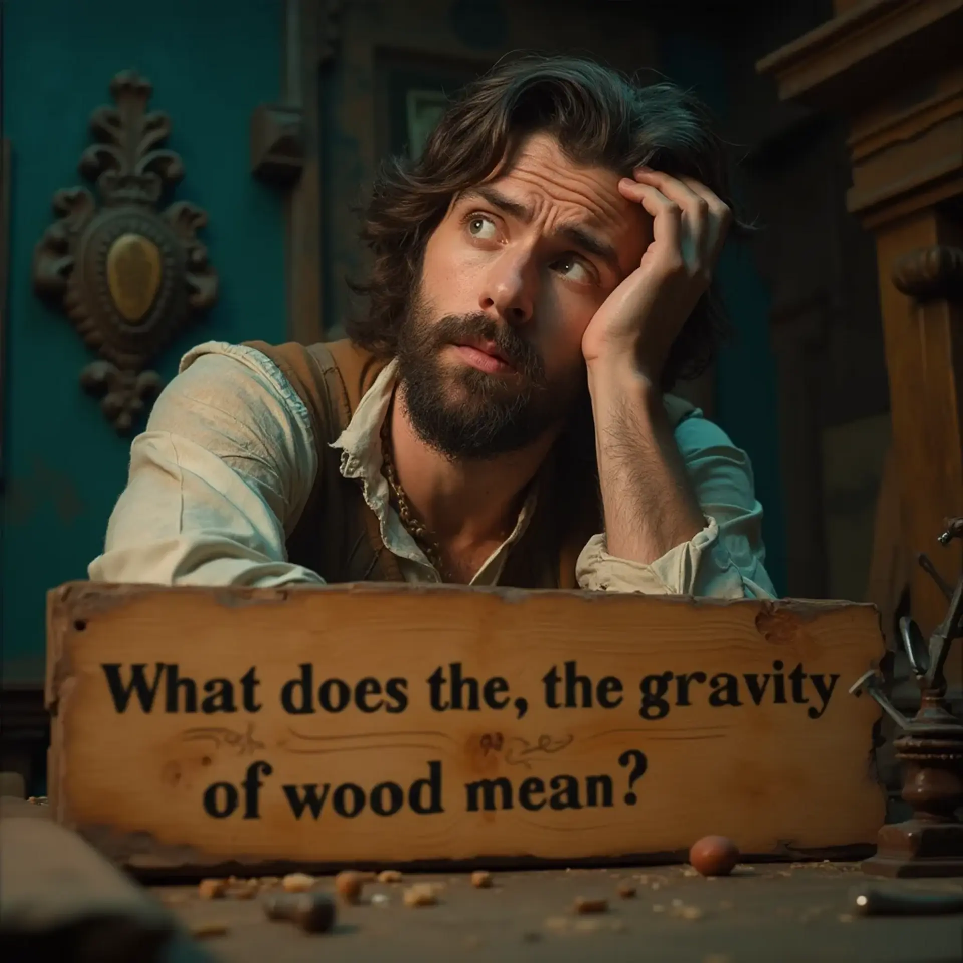 WOODCARVING LESSONS: Woodcarver Grabovetskiy, a man with a beard, holds a sign that says "What wood is the best for carving?" He looks thoughtful. Carving tools are on the table in front of him. - Wood Carving tutorials