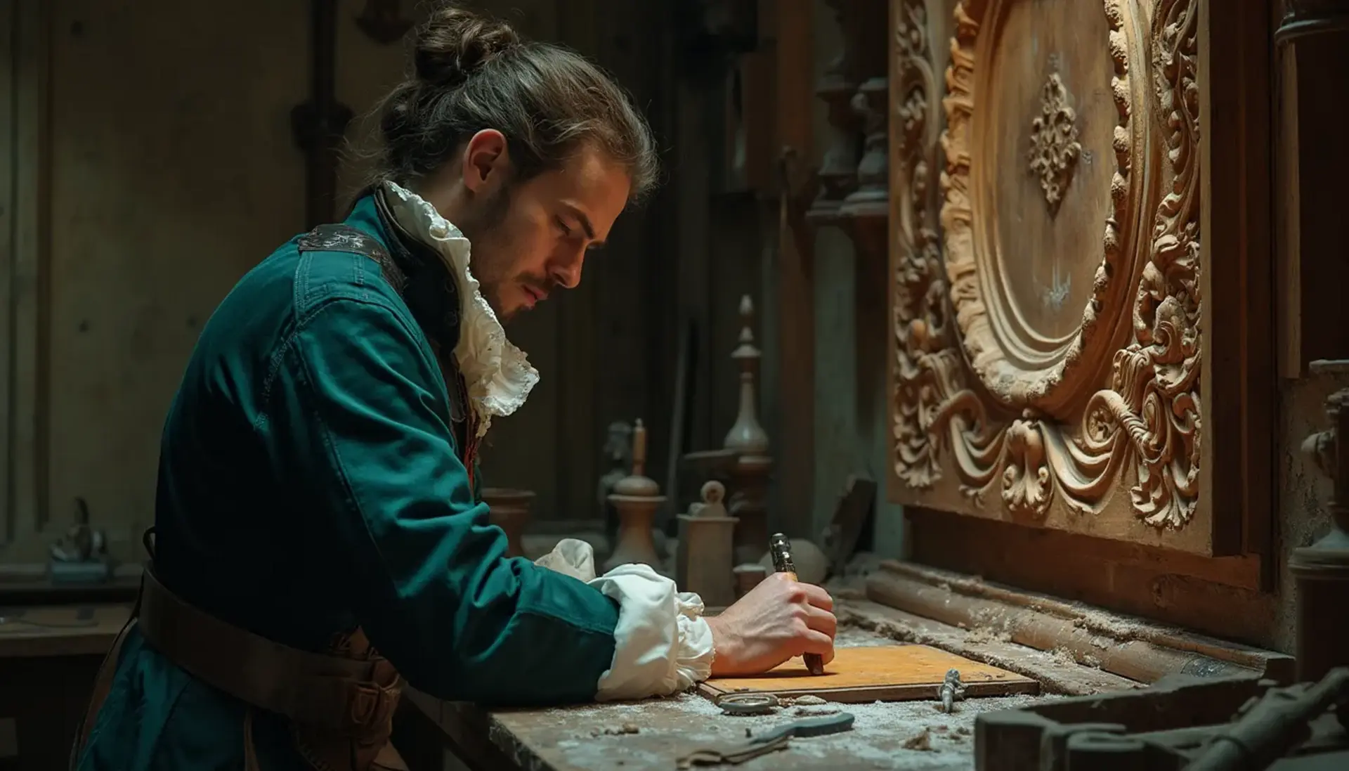 A thoughtful woodworker sitting at a workbench, pondering the best type of wood for carving. He holds a carving tool in one hand, with a sign in front of him that reads, "What wood is the best for carving?" This scene hints at the importance of choosing the right materials in wood carving classes and lessons.
