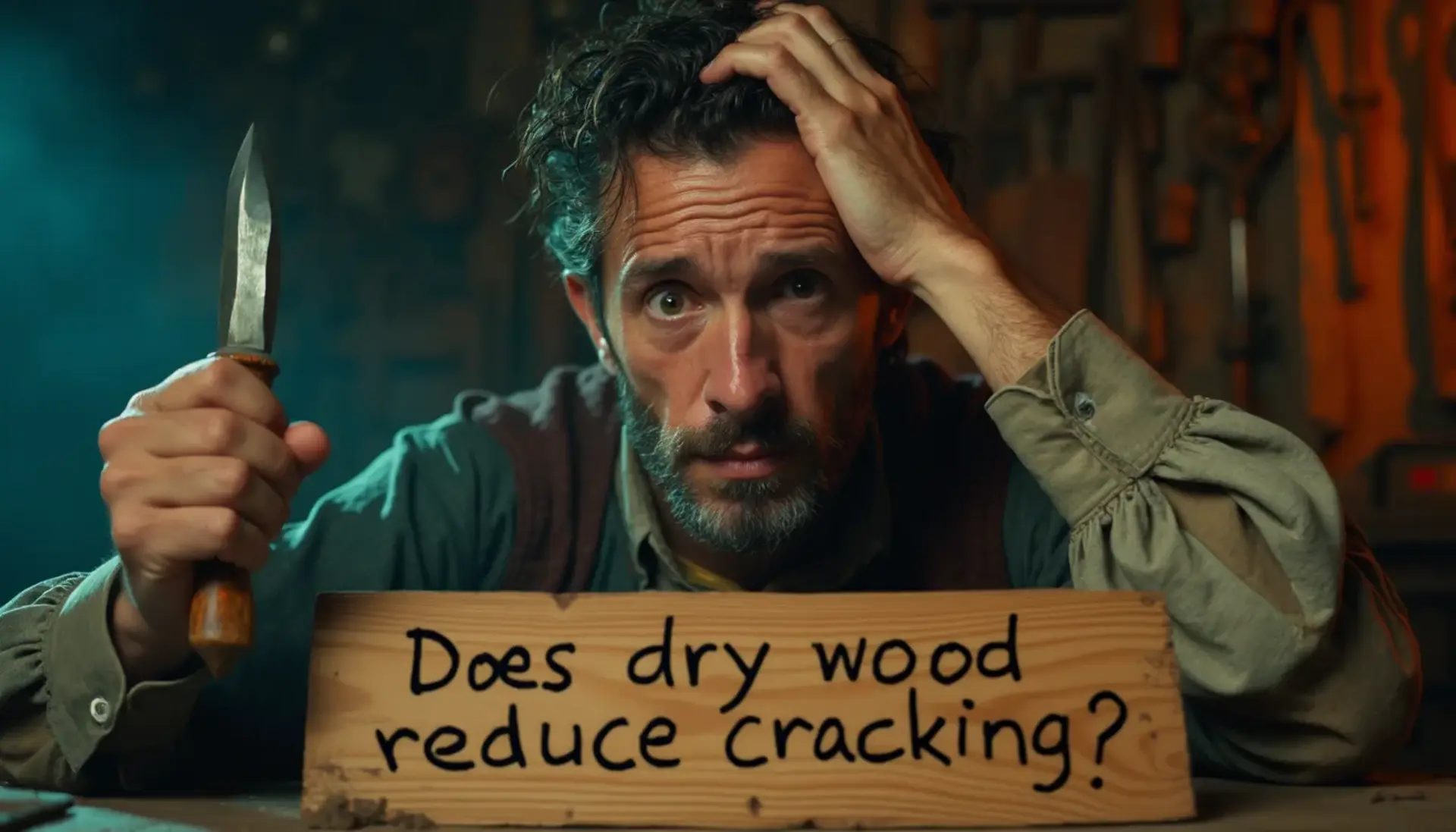 WOODCARVING LESSONS: Woodcarver Grabovetskiy, a man with a beard, holds a sign that says "What wood is the best for carving?" He looks thoughtful. Carving tools are on the table in front of him. - Wood Carving tutorials