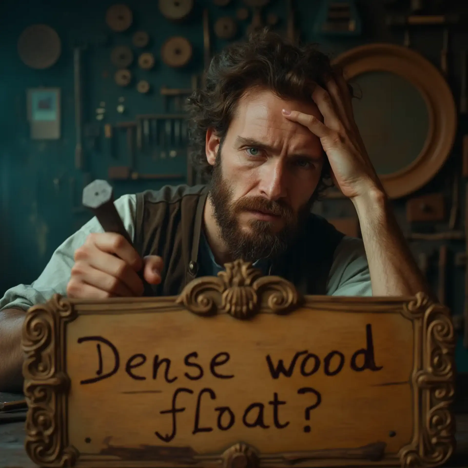 WOODCARVING LESSONS: Woodcarver Grabovetskiy, a man with a beard, holds a sign that says "What wood is the best for carving?" He looks thoughtful. Carving tools are on the table in front of him. - Wood Carving tutorials
