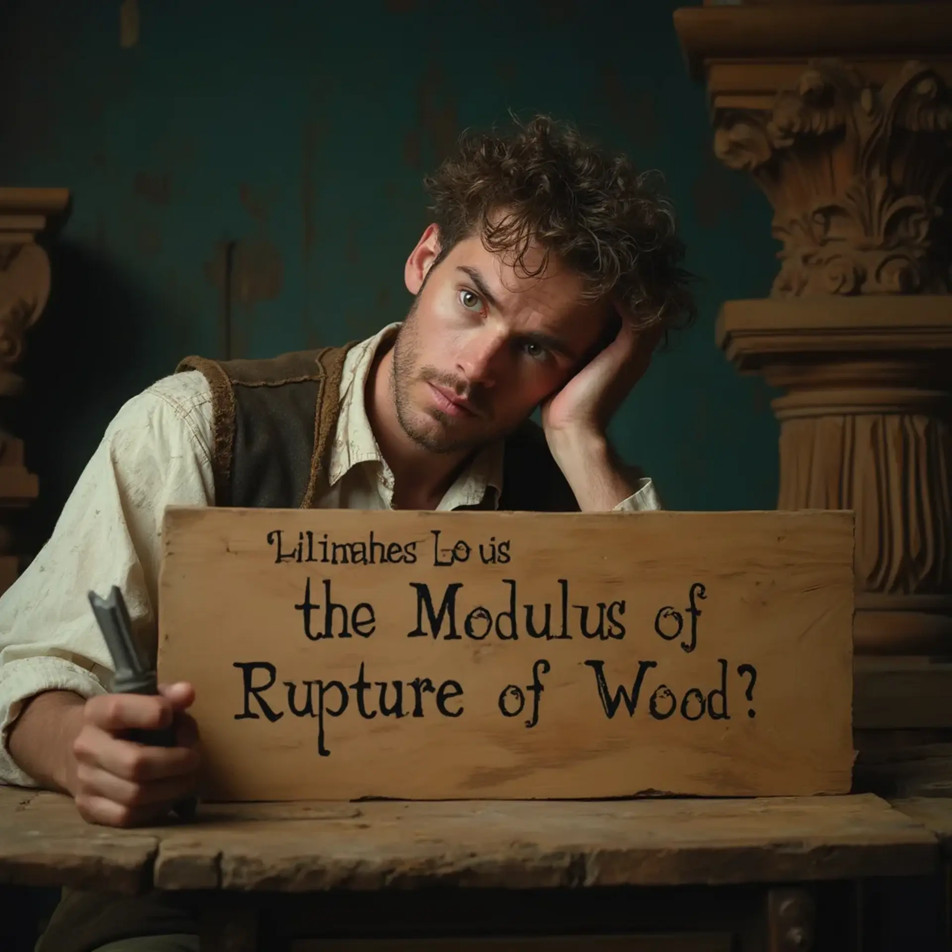 WOODCARVING LESSONS: Woodcarver Grabovetskiy, a man with a beard, holds a sign that says "What wood is the best for carving?" He looks thoughtful. Carving tools are on the table in front of him. - Wood Carving tutorials