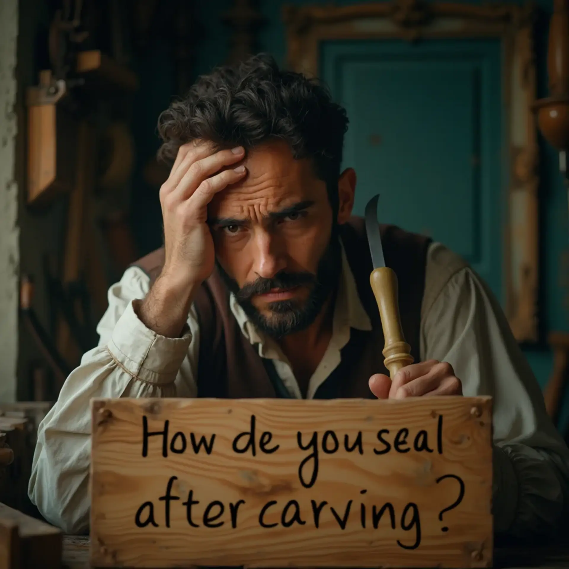 WOODCARVING LESSONS: Woodcarver Grabovetskiy, a man with a beard, holds a sign that says "What wood is the best for carving?" He looks thoughtful. Carving tools are on the table in front of him. - Wood Carving tutorials