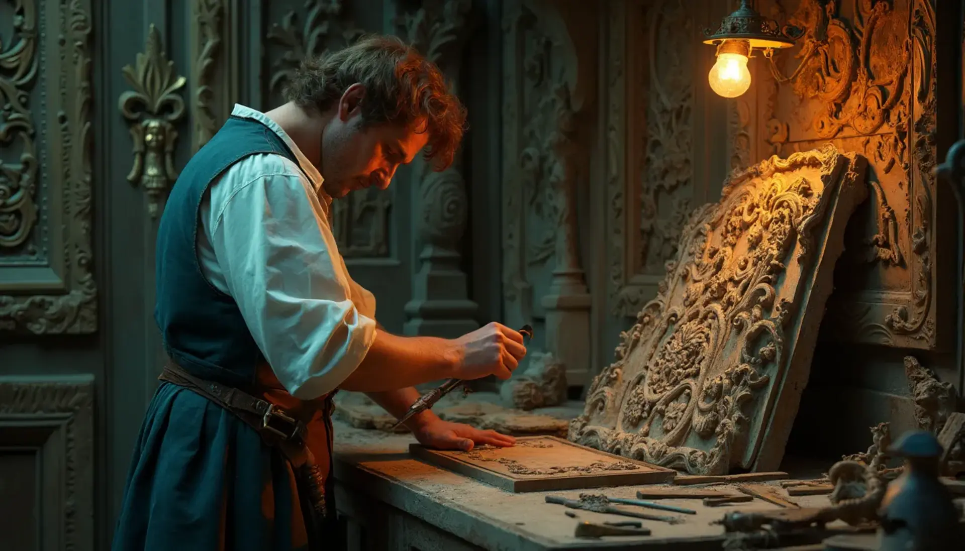 Alt text: A focused man with a beard sits at a workbench, pondering the question, "What wood is the best for carving?" surrounded by woodworking tools, emphasizing the topic of wood carving classes and lessons.