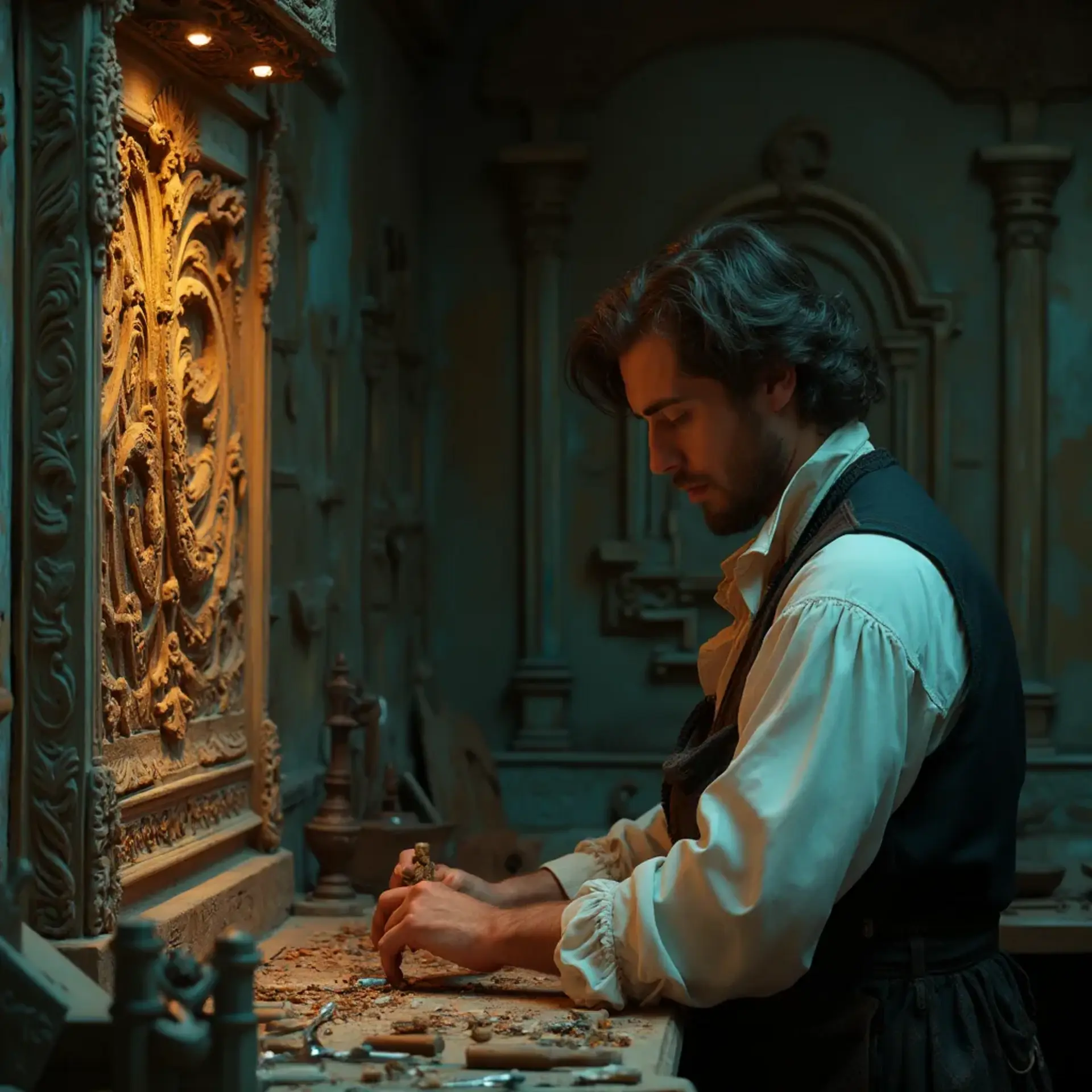 Alt text: A focused man with a beard sits at a workbench, pondering the question, "What wood is the best for carving?" surrounded by woodworking tools, emphasizing the topic of wood carving classes and lessons.