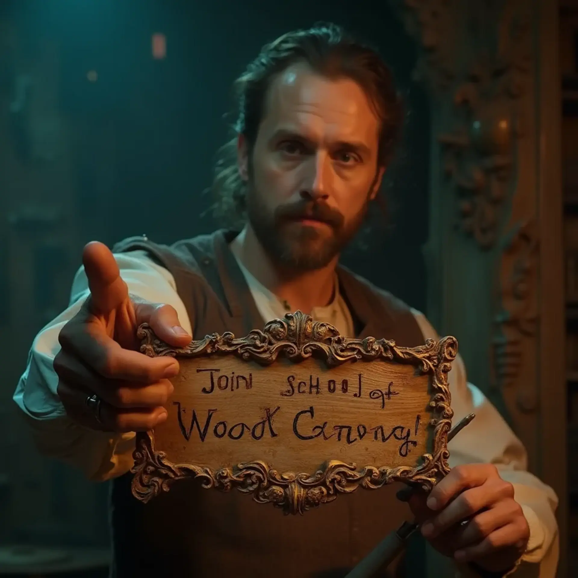 A person holding a beautifully crafted wooden sign that reads "Join School of Wood Carving!" The scene captures the inviting spirit of wood carving classes, showcasing the art’s charm and warmth. It's a perfect representation of wood carving lessons for anyone eager to dive into this creative hobby!!!