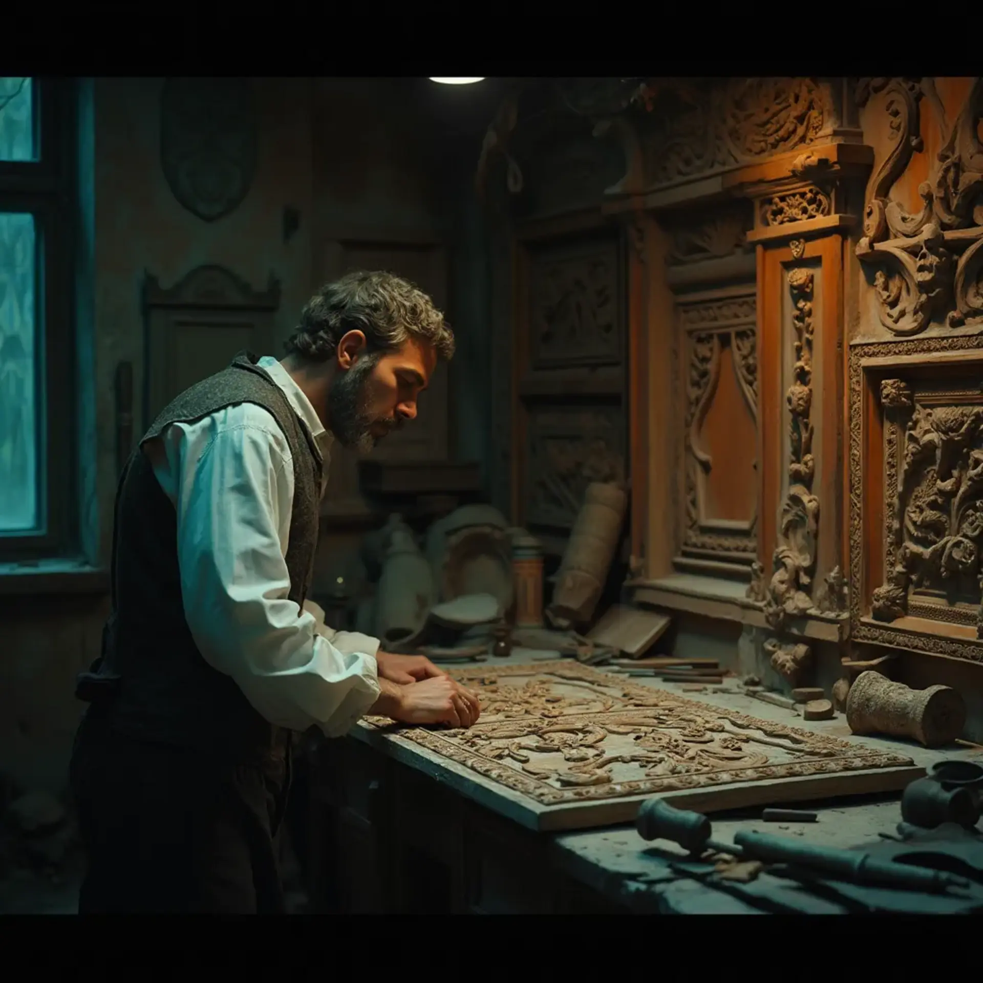 A thoughtful person gazing thoughtfully while touching a beautifully carved wooden column. The intricate carvings depict scenes of historical significance, showcasing the skills involved in wood carving. This image highlights the artistry found in wood carving classes and lessons.