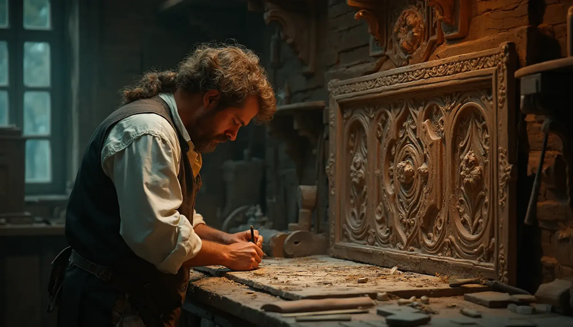 WOODCARVING LESSONS: Woodcarver Grabovetskiy, a man with a beard