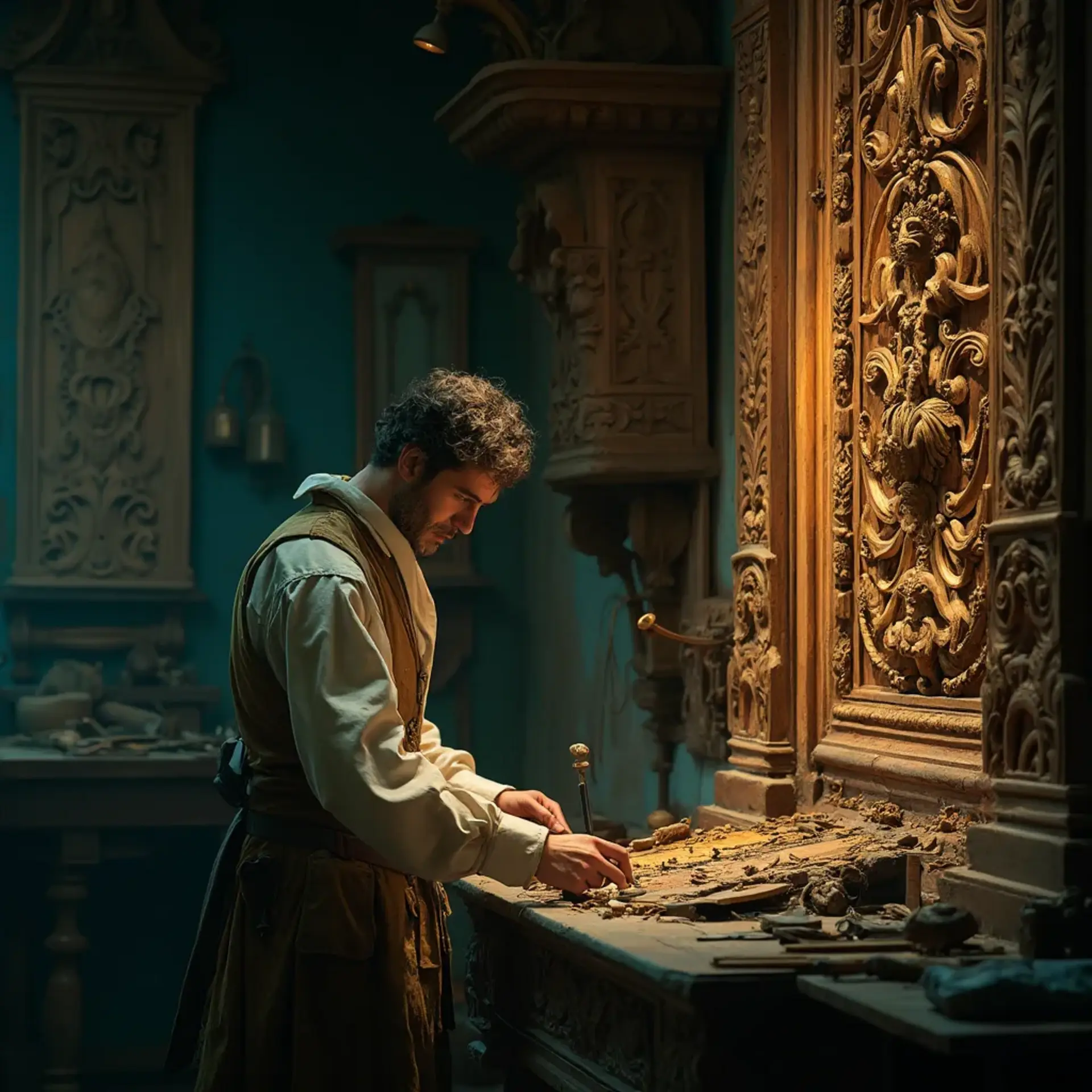 WOODCARVING LESSONS: Woodcarver Grabovetskiy, a man with a beard, holds a sign that says "What wood is the best for carving?" He looks thoughtful. Carving tools are on the table in front of him. - Wood Carving tutorials
