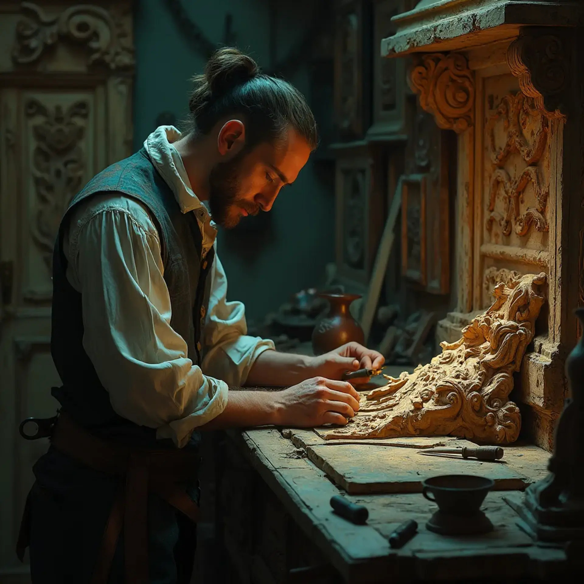 A thoughtful person gazing thoughtfully while touching a beautifully carved wooden column. The intricate carvings depict scenes of historical significance, showcasing the skills involved in wood carving. This image highlights the artistry found in wood carving classes and lessons.