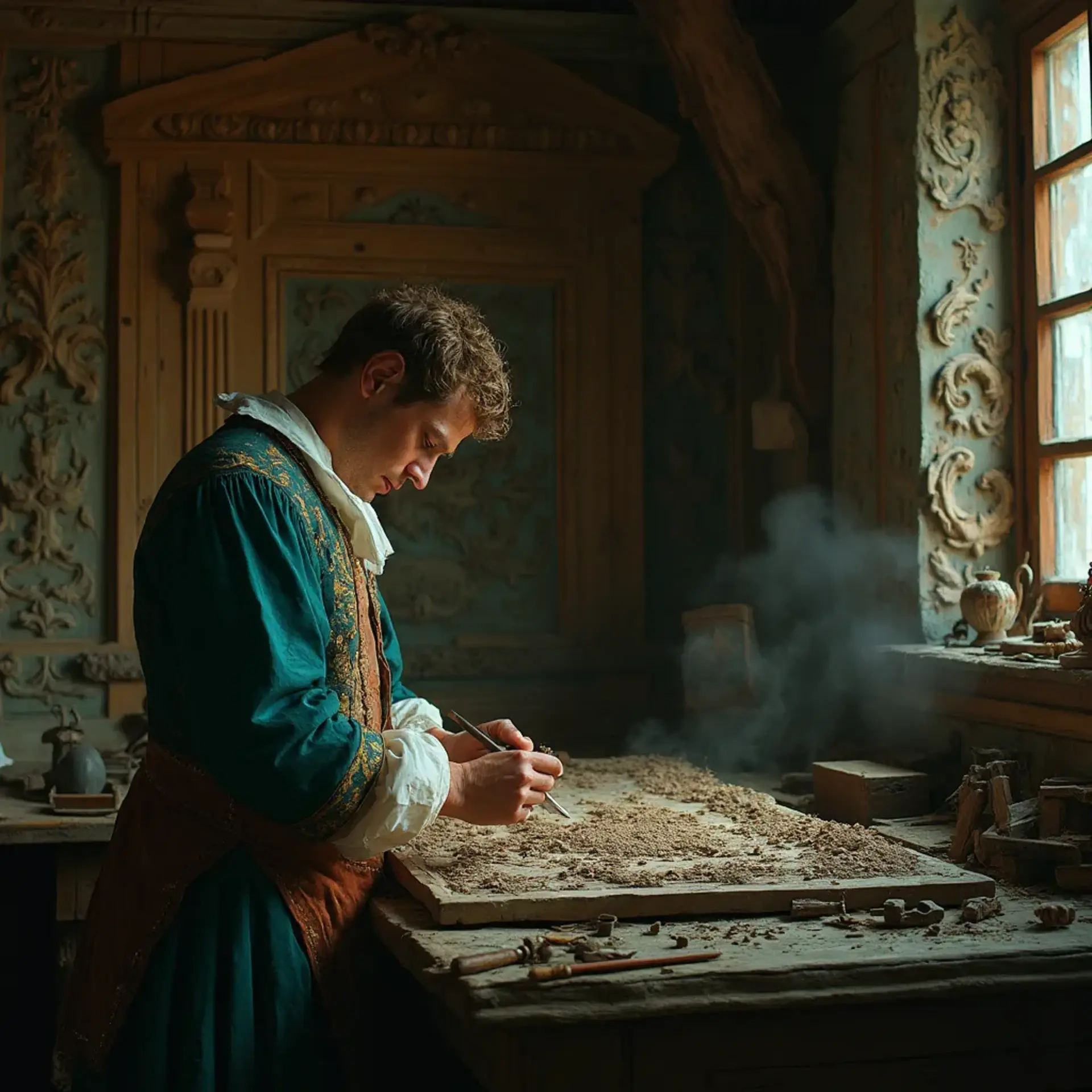 A thoughtful woodworker sitting at a workbench, pondering the best type of wood for carving. He holds a carving tool in one hand, with a sign in front of him that reads, "What wood is the best for carving?" This scene hints at the importance of choosing the right materials in wood carving classes and lessons.