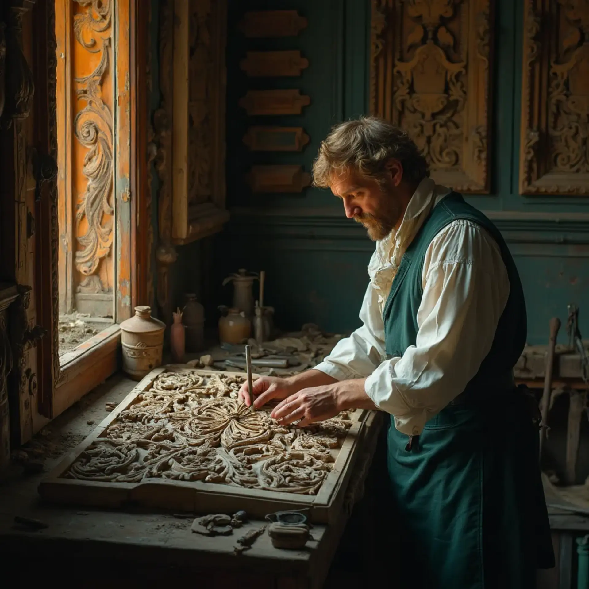 Alt text: A focused man with a beard sits at a workbench, pondering the question, "What wood is the best for carving?" surrounded by woodworking tools, emphasizing the topic of wood carving classes and lessons.