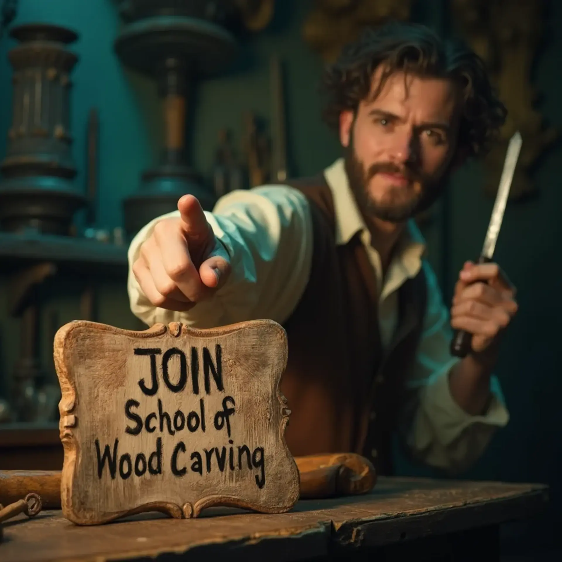 A focused woodworker enthusiastically points at a handmade sign that says "JOIN School of Wood Carving." He holds a carving knife in one hand, ready to inspire others. The background is filled with tools and wood pieces, creating a workshop vibe perfect for wood carving classes and lessons.