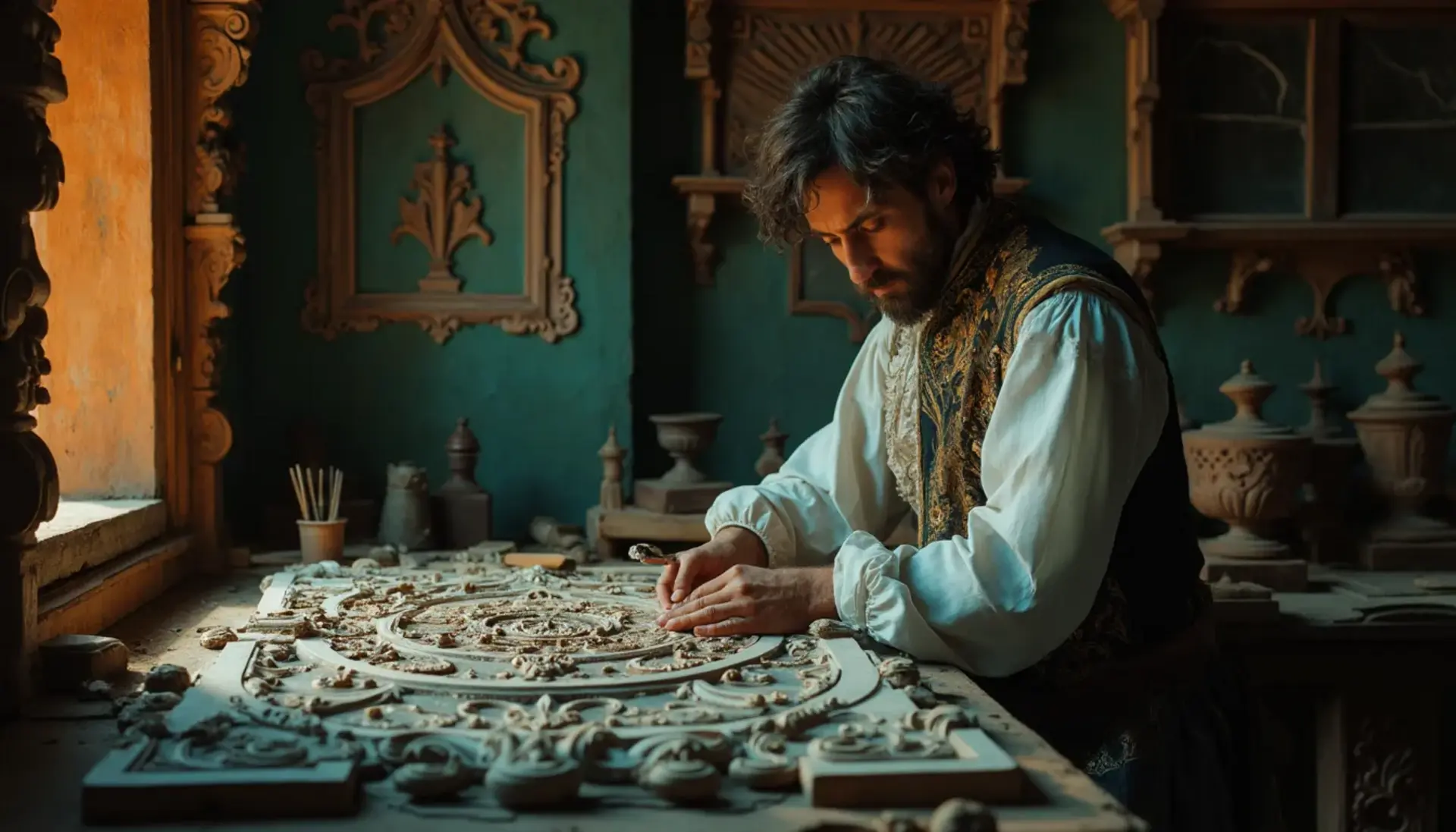 Alt text: A focused man with a beard sits at a workbench, pondering the question, "What wood is the best for carving?" surrounded by woodworking tools, emphasizing the topic of wood carving classes and lessons.