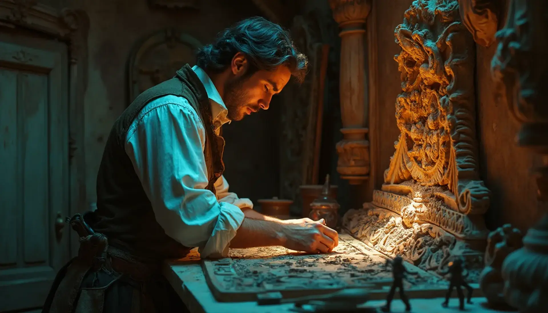 Alt text: A focused man with a beard sits at a workbench, pondering the question, "What wood is the best for carving?" surrounded by woodworking tools, emphasizing the topic of wood carving classes and lessons.