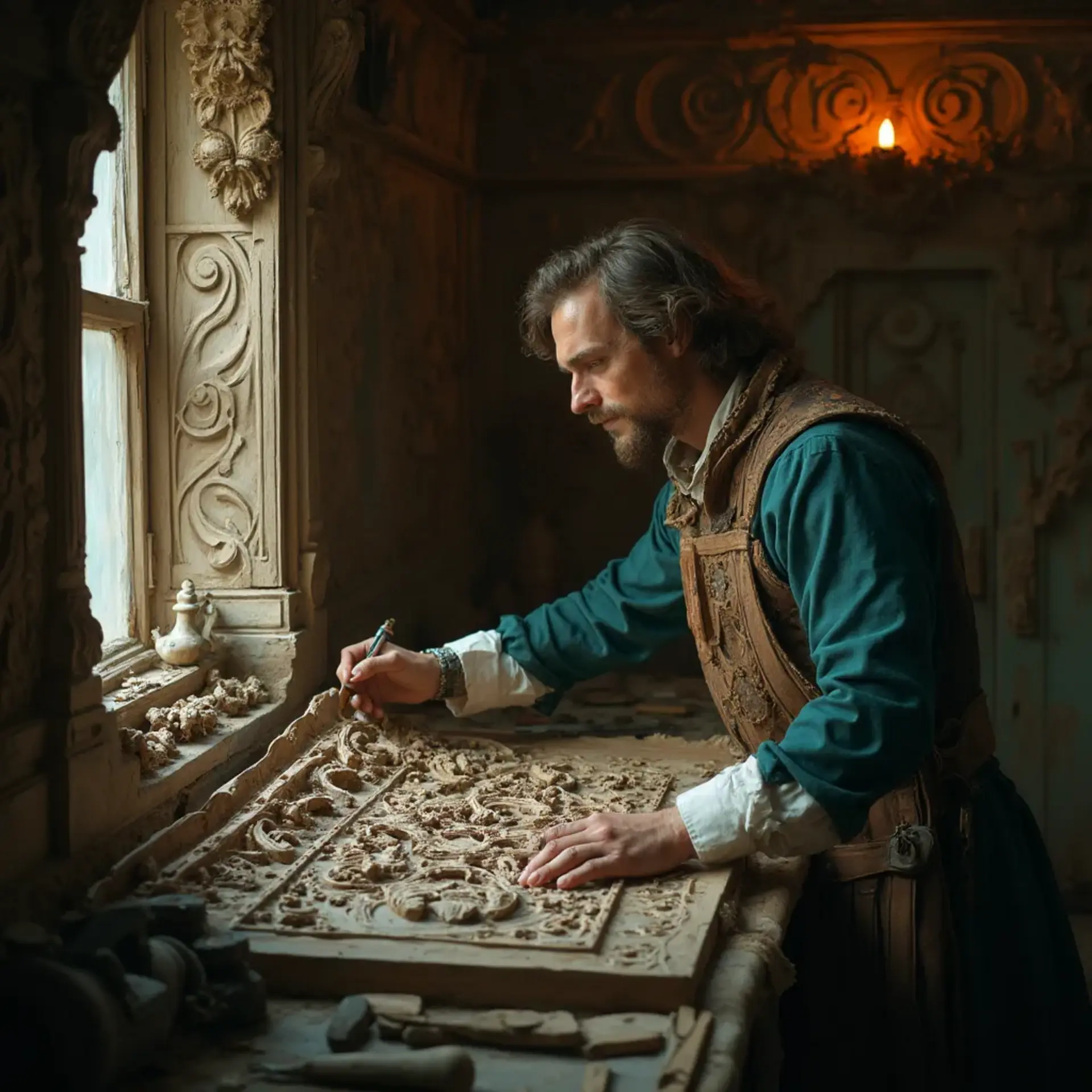 A woodworker focused on intricate carving techniques sits at a workbench, surrounded by tools and beautifully detailed wooden pieces. Soft light filters through a window, highlighting the detailed craftsmanship in his work. This scene captures the essence of wood carving classes and lessons, showcasing the artistry and dedication that goes into mastering this craft.