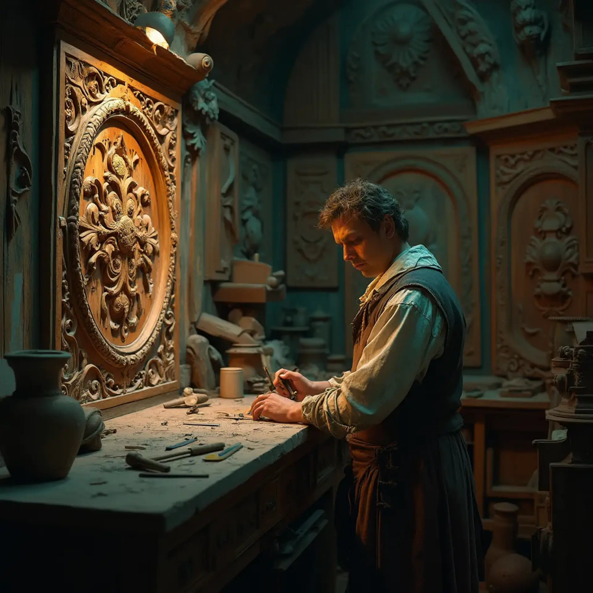 A thoughtful woodworker sitting at a workbench, pondering the best type of wood for carving. He holds a carving tool in one hand, with a sign in front of him that reads, "What wood is the best for carving?" This scene hints at the importance of choosing the right materials in wood carving classes and lessons.