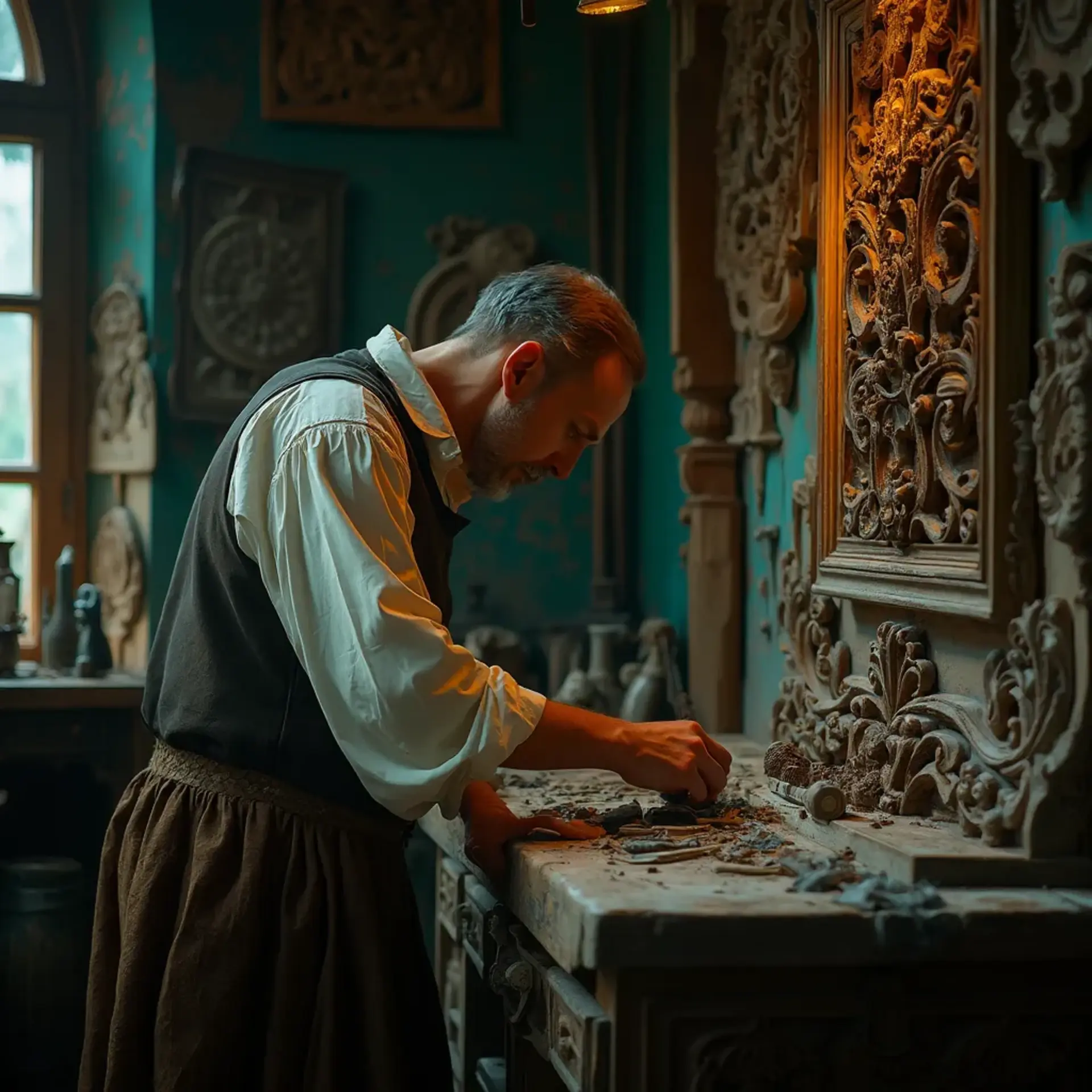 WOODCARVING LESSONS: Woodcarver Grabovetskiy, a man with a beard, holds a sign that says "What wood is the best for carving?" He looks thoughtful. Carving tools are on the table in front of him. - Wood Carving tutorials