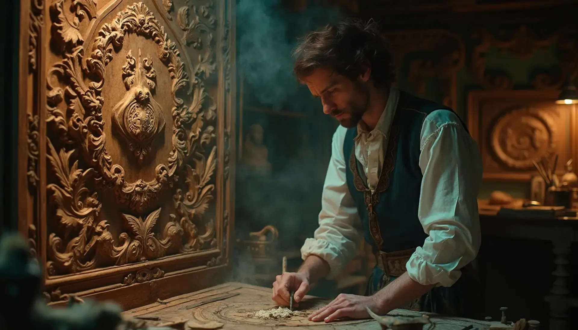 WOODCARVING LESSONS: Woodcarver Grabovetskiy, dressed in a vest and white shirt, is carving a pattern into a wood panel. The room has low light with fancy decorations and a big carved door. Smoke or dust can be seen in the air. - Wood Carving tutorials