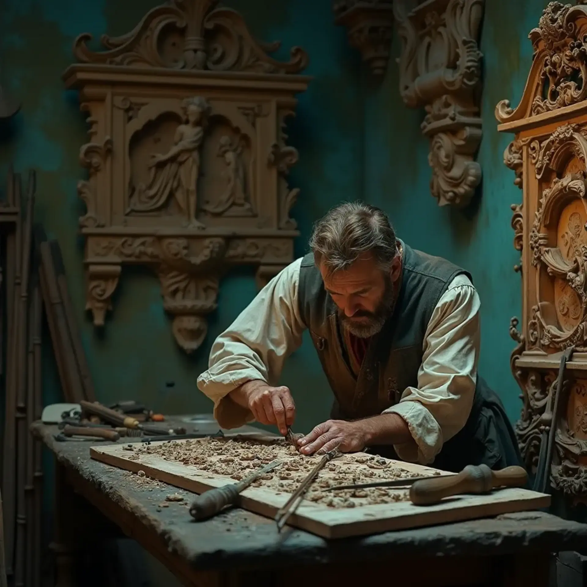 A wood carving instructor, deeply focused, is working on a detailed design at a carving workbench. Tools are scattered around, showcasing a variety including chisels and gouges. The background features ornate carvings, setting an inspiring atmosphere for wood carving classes and lessons. This scene captures the essence of craftsmanship and dedication.