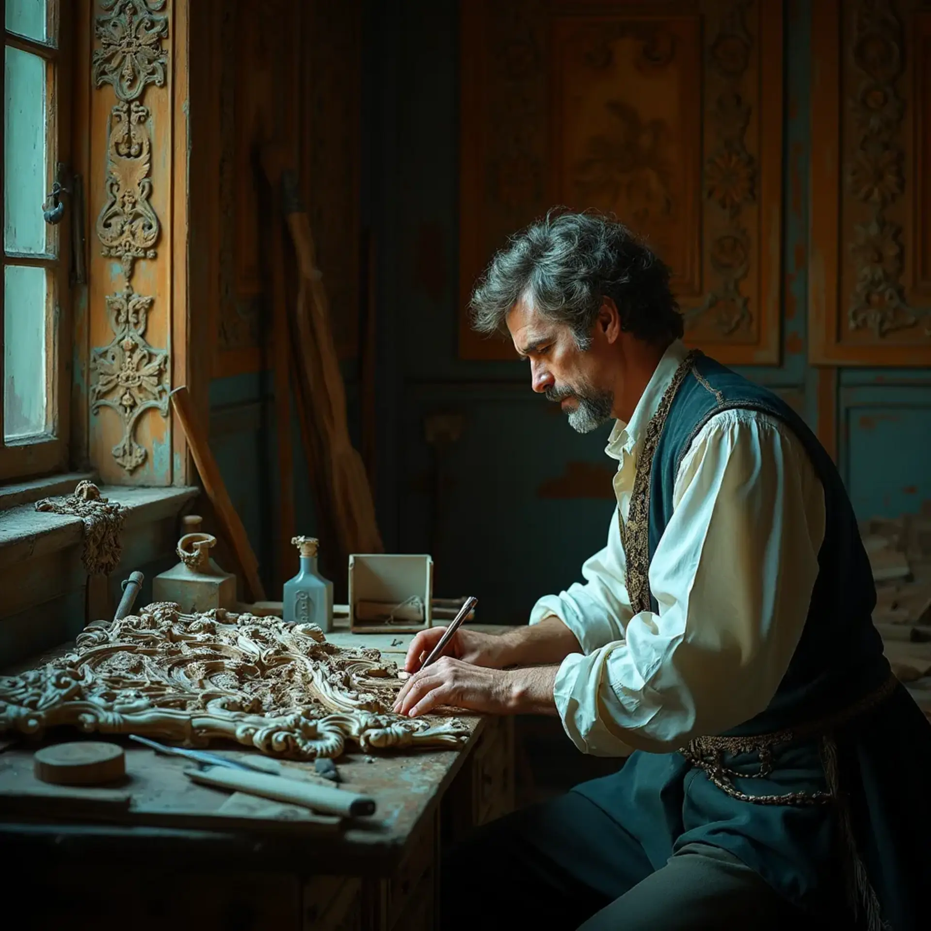 WOODCARVING LESSONS: Woodcarver Grabovetskiy, a man with a beard, holds a sign that says "What wood is the best for carving?" He looks thoughtful. Carving tools are on the table in front of him. - Wood Carving tutorials