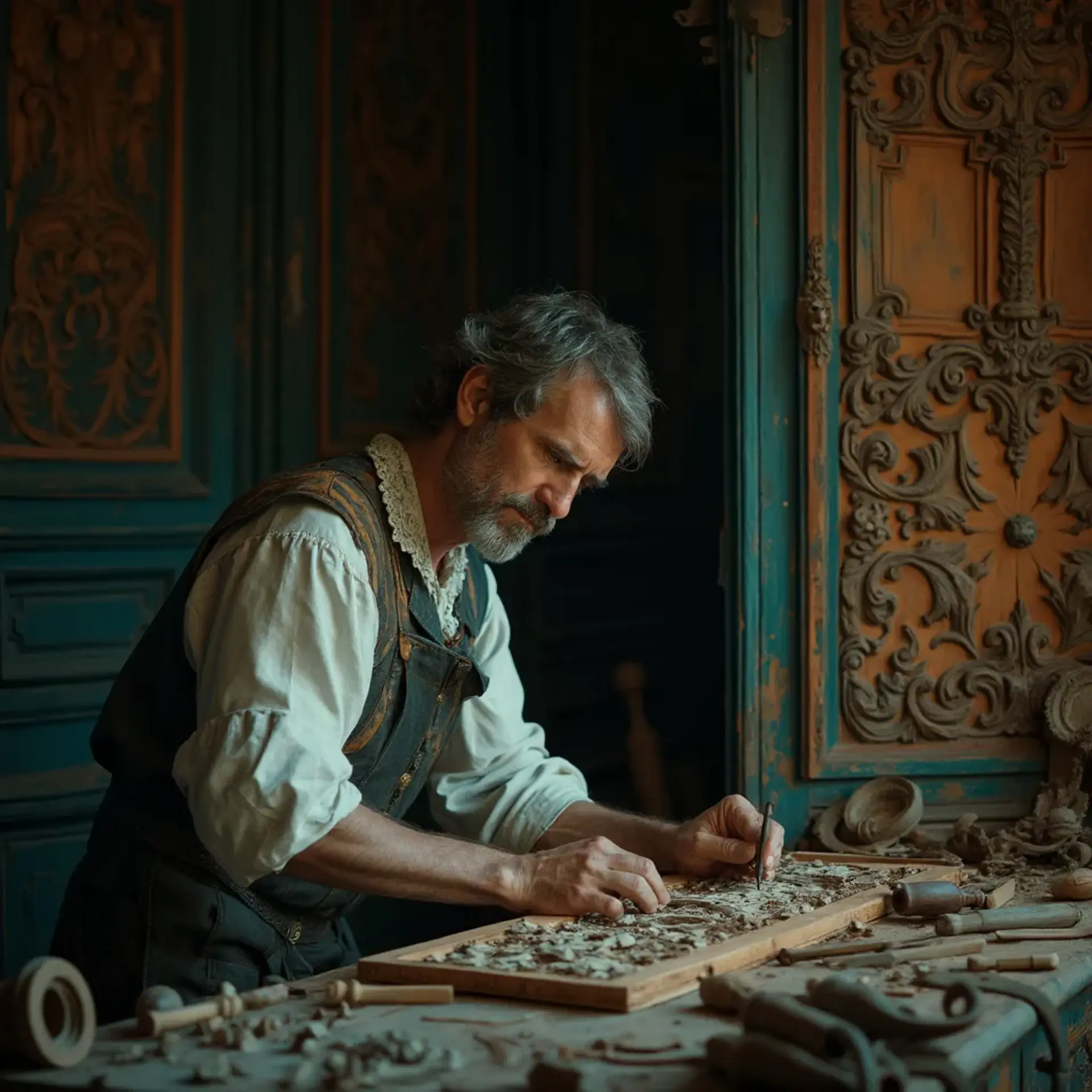 WOODCARVING LESSONS: Woodcarver Grabovetskiy, a man with a beard, holds a sign that says "What wood is the best for carving?" He looks thoughtful. Carving tools are on the table in front of him. - Wood Carving tutorials