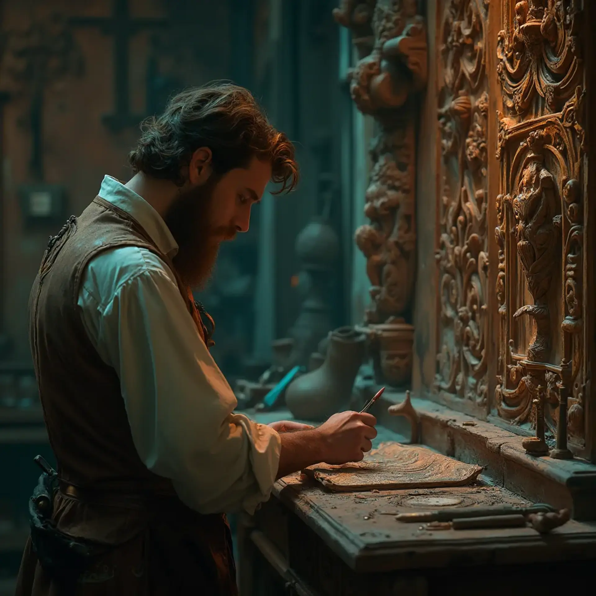 Alt text: A focused man with a beard sits at a workbench, pondering the question, "What wood is the best for carving?" surrounded by woodworking tools, emphasizing the topic of wood carving classes and lessons.
