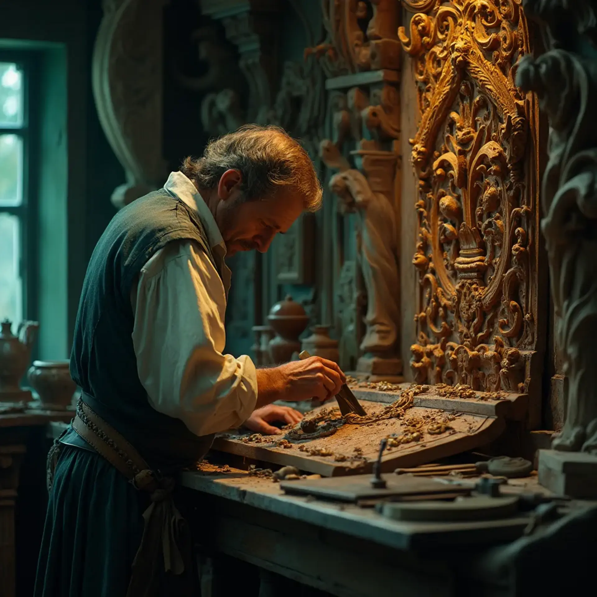 Alt text: A focused man with a beard sits at a workbench, pondering the question, "What wood is the best for carving?" surrounded by woodworking tools, emphasizing the topic of wood carving classes and lessons.