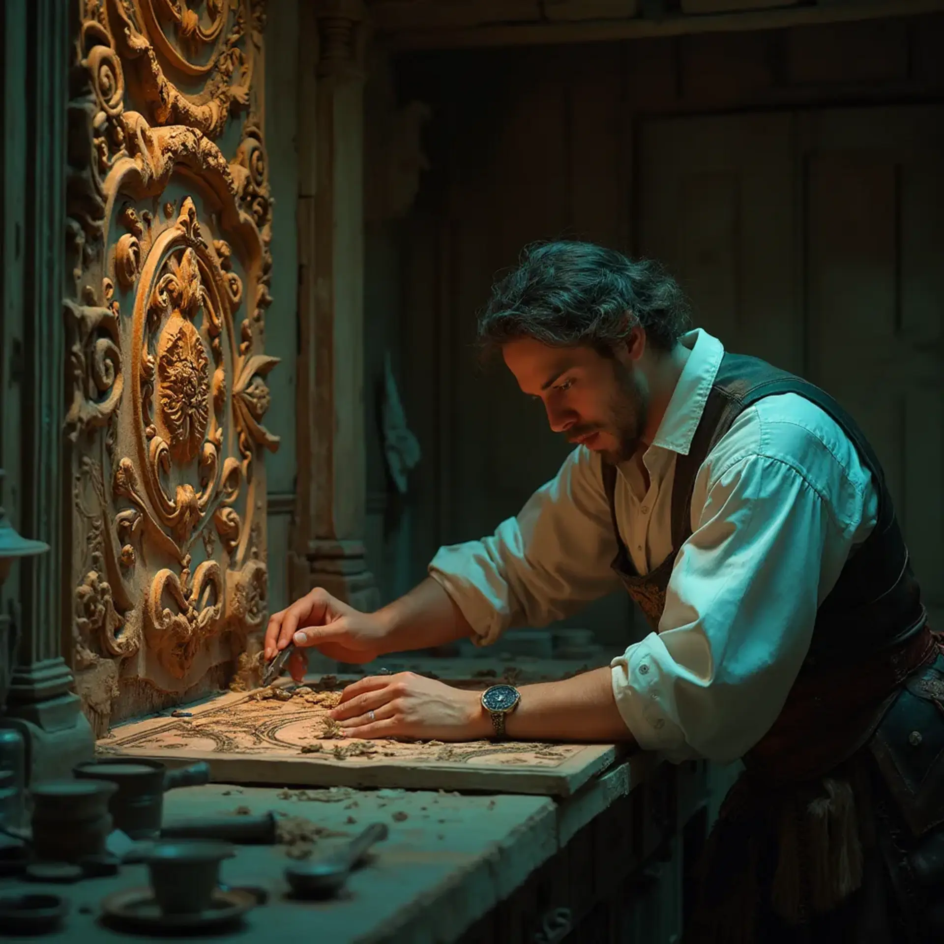 WOODCARVING LESSONS: Woodcarver Grabovetskiy, a man with a beard, holds a sign that says "What wood is the best for carving?" He looks thoughtful. Carving tools are on the table in front of him. - Wood Carving tutorials