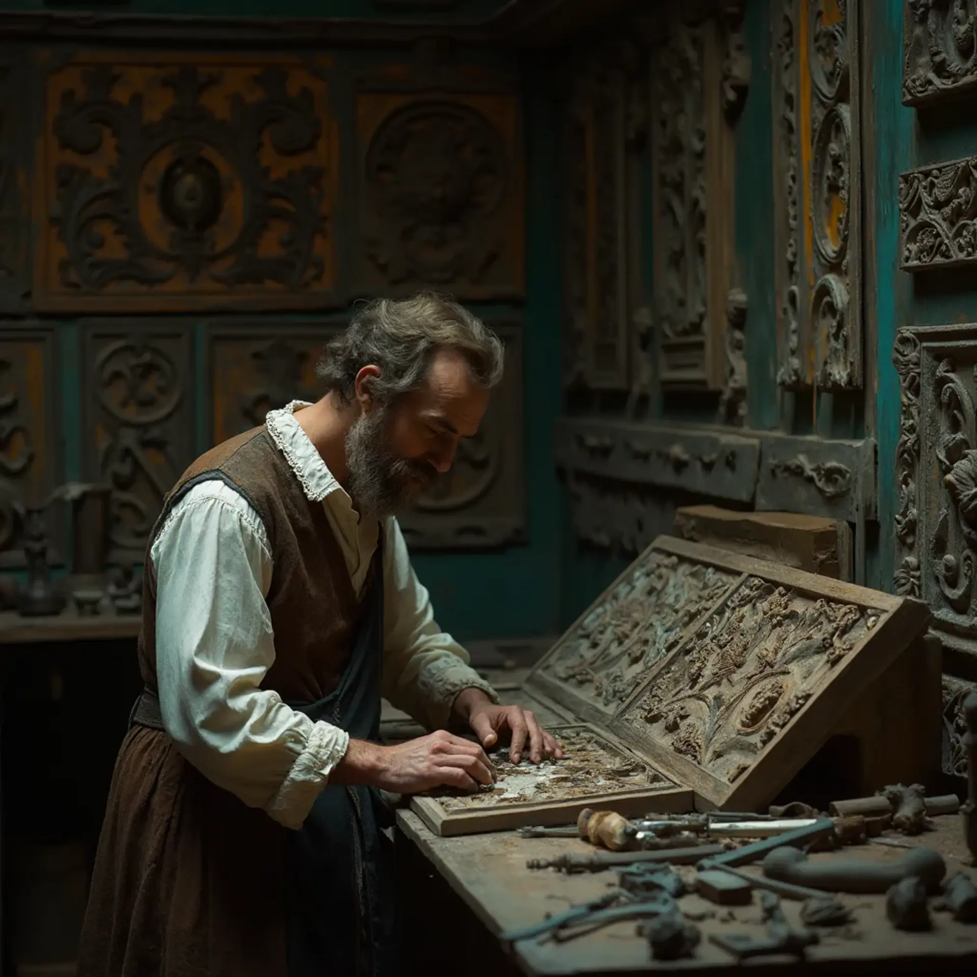 Alt text: A focused man with a beard sits at a workbench, pondering the question, "What wood is the best for carving?" surrounded by woodworking tools, emphasizing the topic of wood carving classes and lessons.
