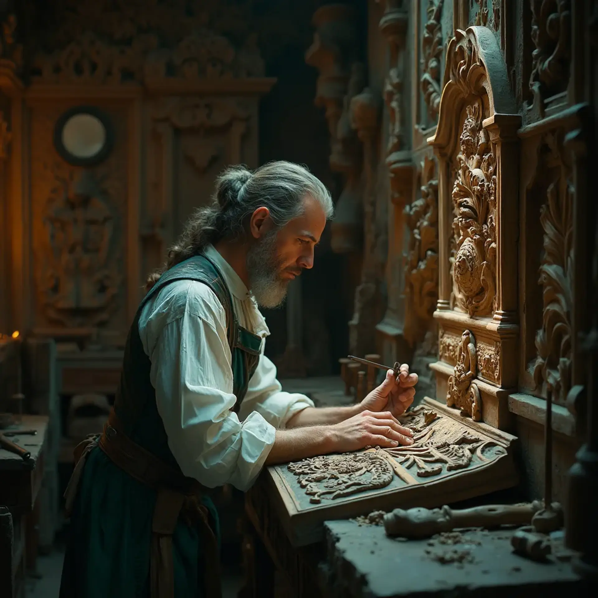 Alt text: A focused man with a beard sits at a workbench, pondering the question, "What wood is the best for carving?" surrounded by woodworking tools, emphasizing the topic of wood carving classes and lessons.