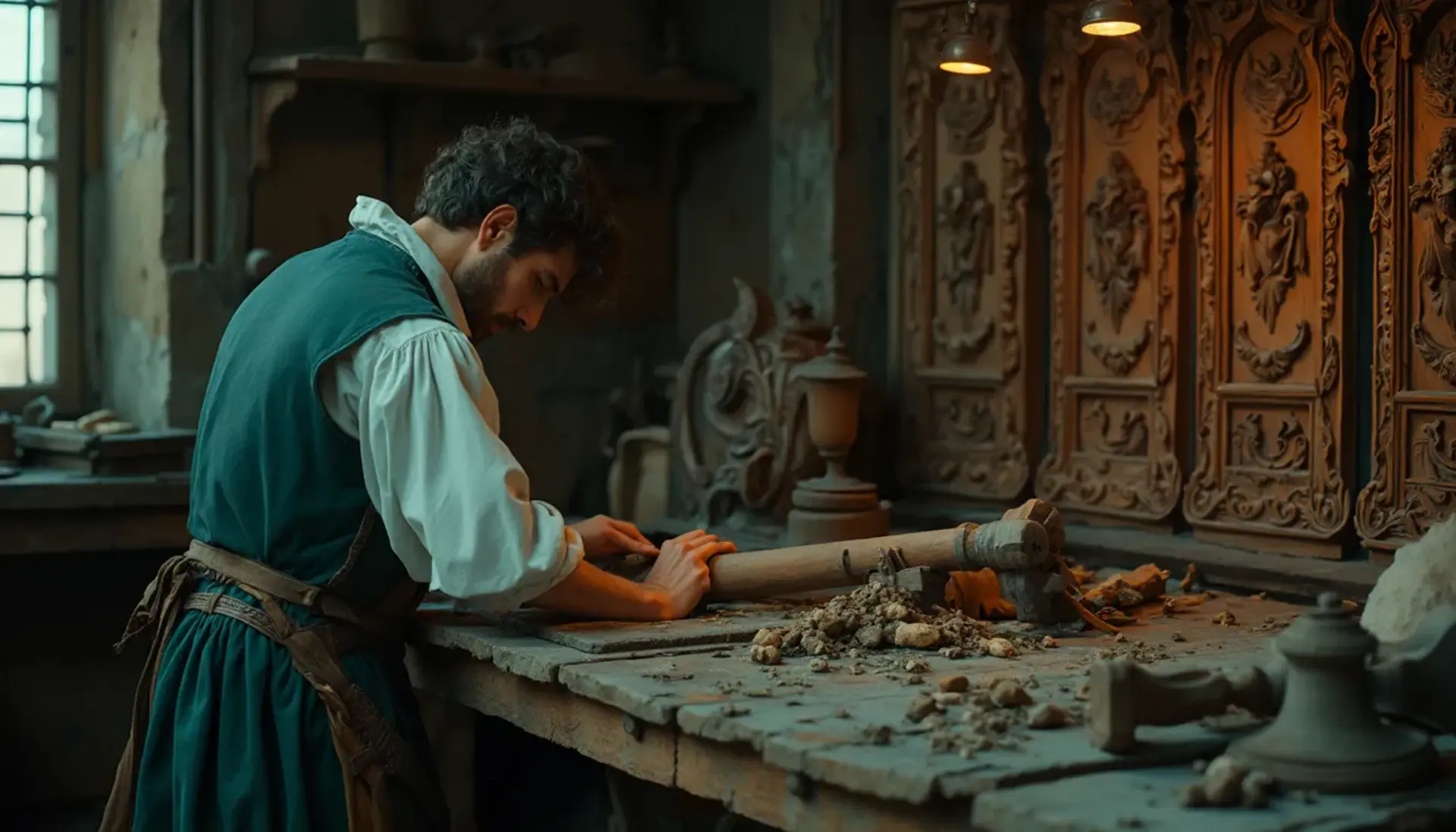 Alt text: A woodworker focused on carving a piece of wood at a rustic workbench. The workshop is filled with carved wood pieces and tools, showcasing the art of wood carving. Perfect for those interested in wood carving classes or wood carving lessons.