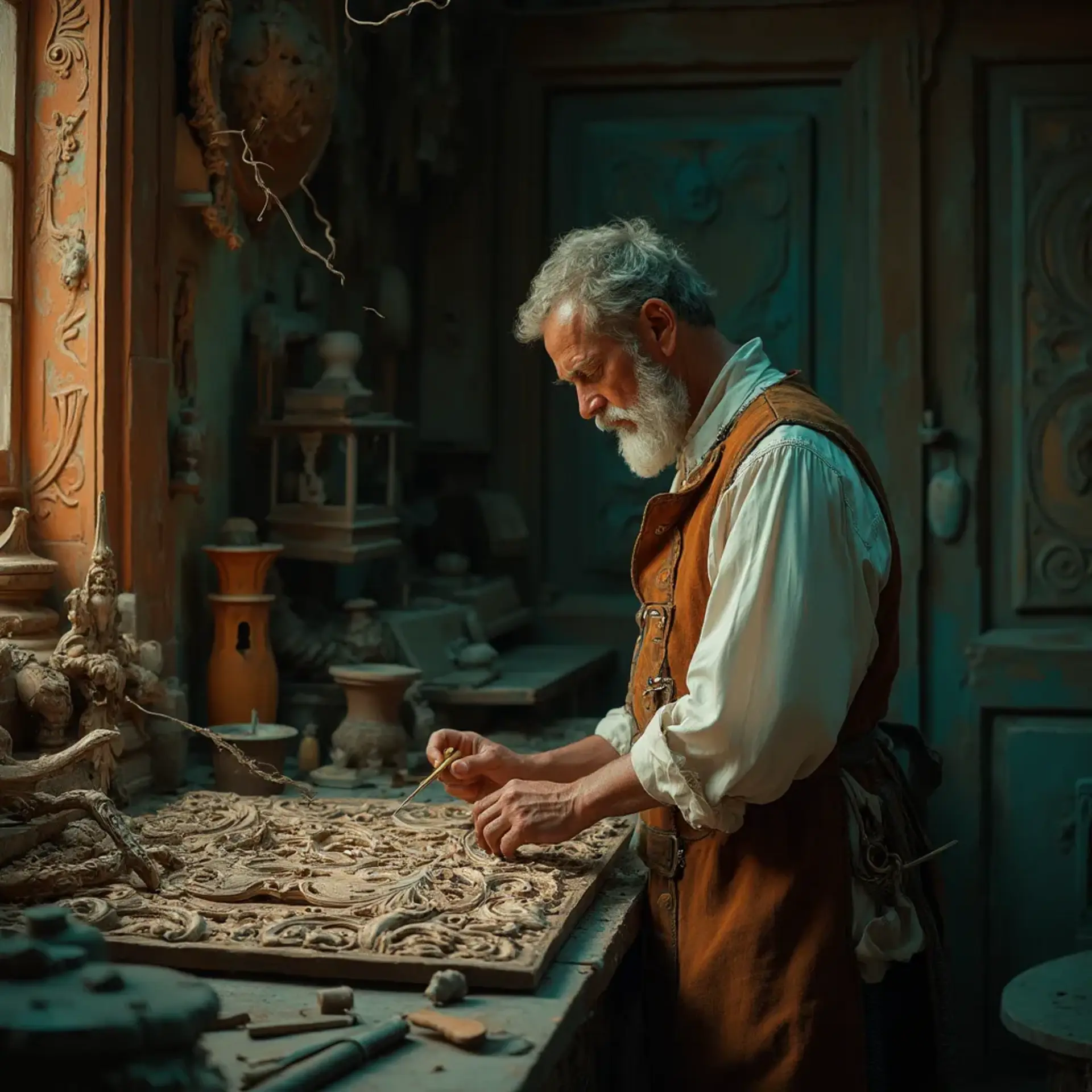 A thoughtful woodworker sitting at a workbench, pondering the best type of wood for carving. He holds a carving tool in one hand, with a sign in front of him that reads, "What wood is the best for carving?" This scene hints at the importance of choosing the right materials in wood carving classes and lessons.