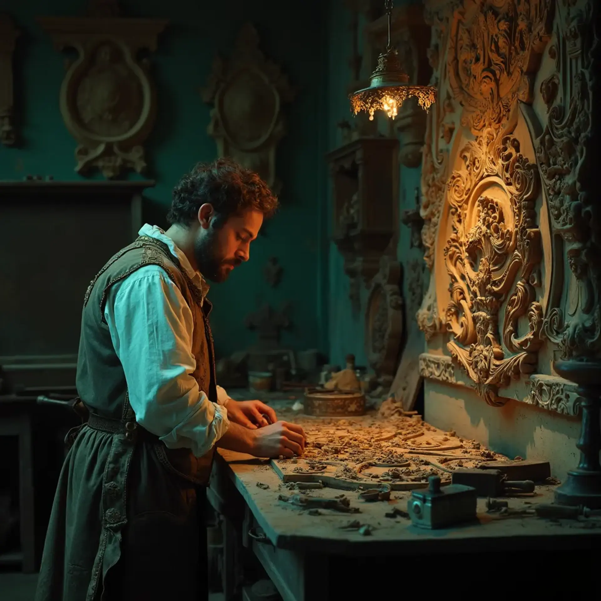 WOODCARVING LESSONS: Woodcarver Grabovetskiy, a man with a beard, holds a sign that says "What wood is the best for carving?" He looks thoughtful. Carving tools are on the table in front of him. - Wood Carving tutorials